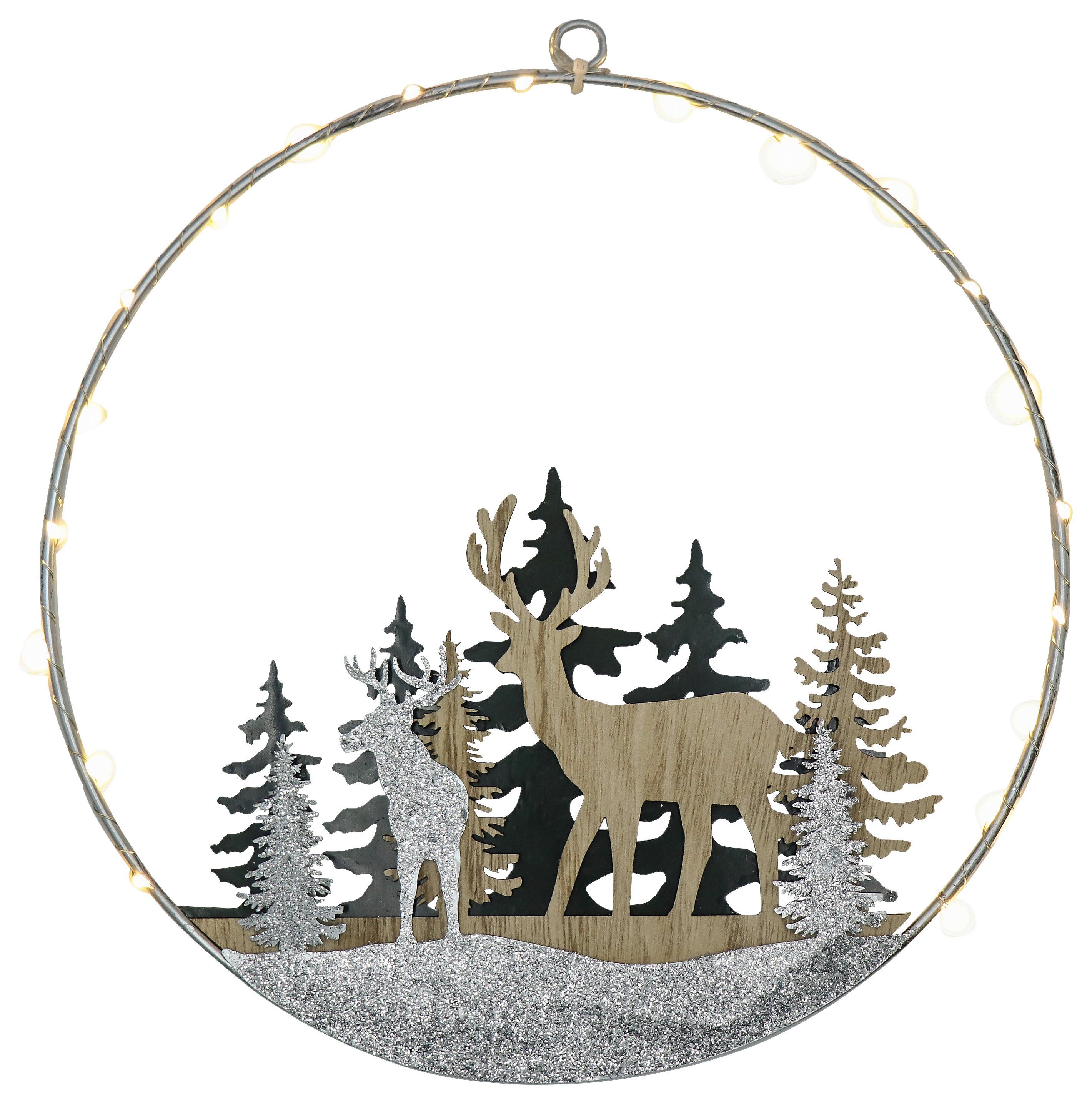 LED-Dekoleuchte Blyde Ring mit Winterwaldmotiv - Silberfarben/Naturfarben, ROMANTIK / LANDHAUS, Holz/Metall (30cm) - James Wood