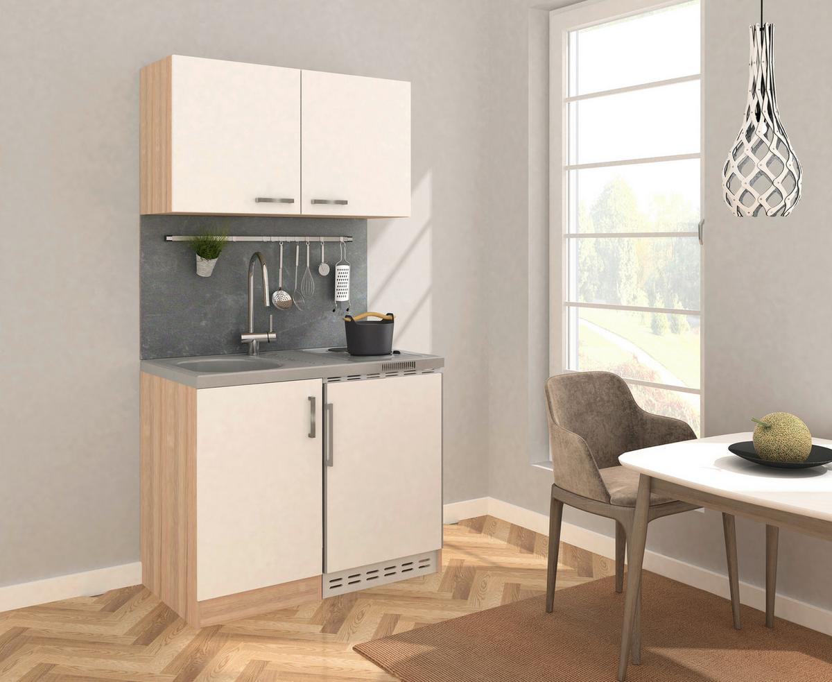Miniküche M. Kühlschrank + Kochfeld 100 Cm Weiß/eiche - Edelstahlfarben/Eichefarben, MODERN, Holzwerkstoff/Metall (100cm) - Respekta