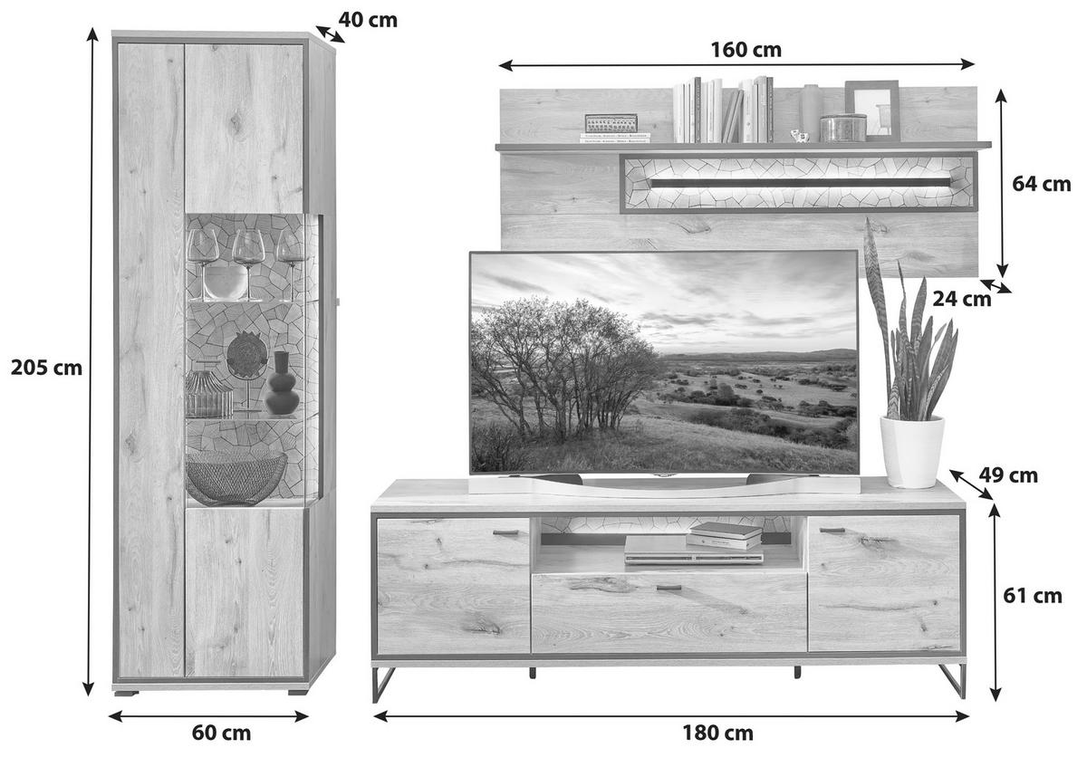 Wohnwand Ruben - Eichefarben/Schwarz, KONVENTIONELL, Glas/Holzwerkstoff (270/205/49cm) - Livetastic