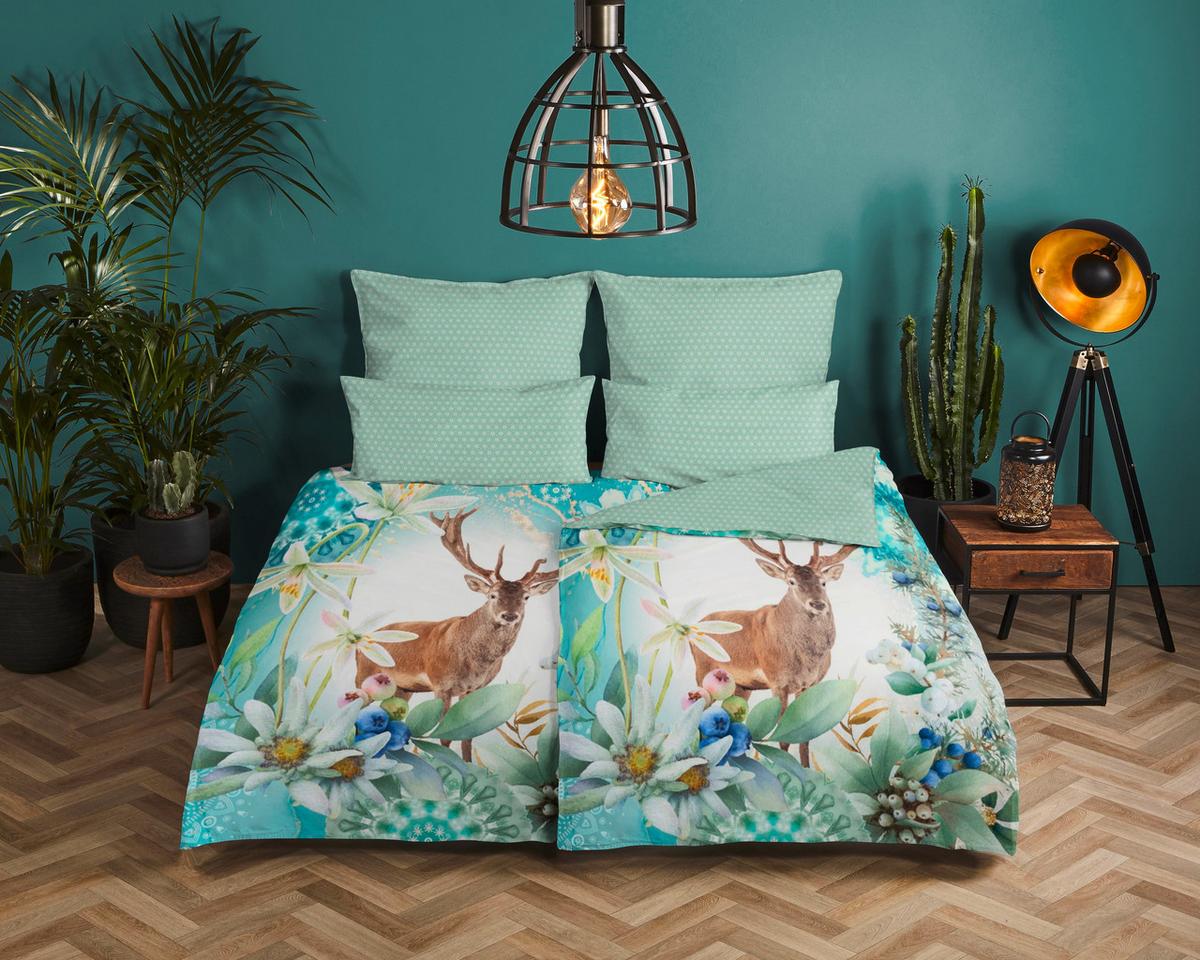 Bettwäsche 140x200 cm Xela Multicolor Hirsch Motiv - Multicolor, Basics, Textil (140/200cm)