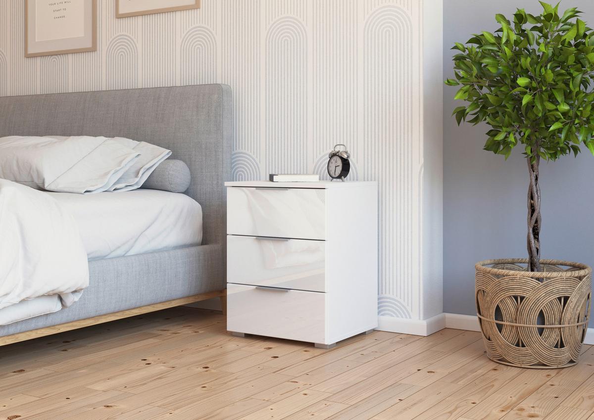 Nachtkästchen Mars 3l-Hg Weiß B: 52 cm - Weiß Hochglanz/Alufarben, Basics, Holzwerkstoff (40/52/40cm)