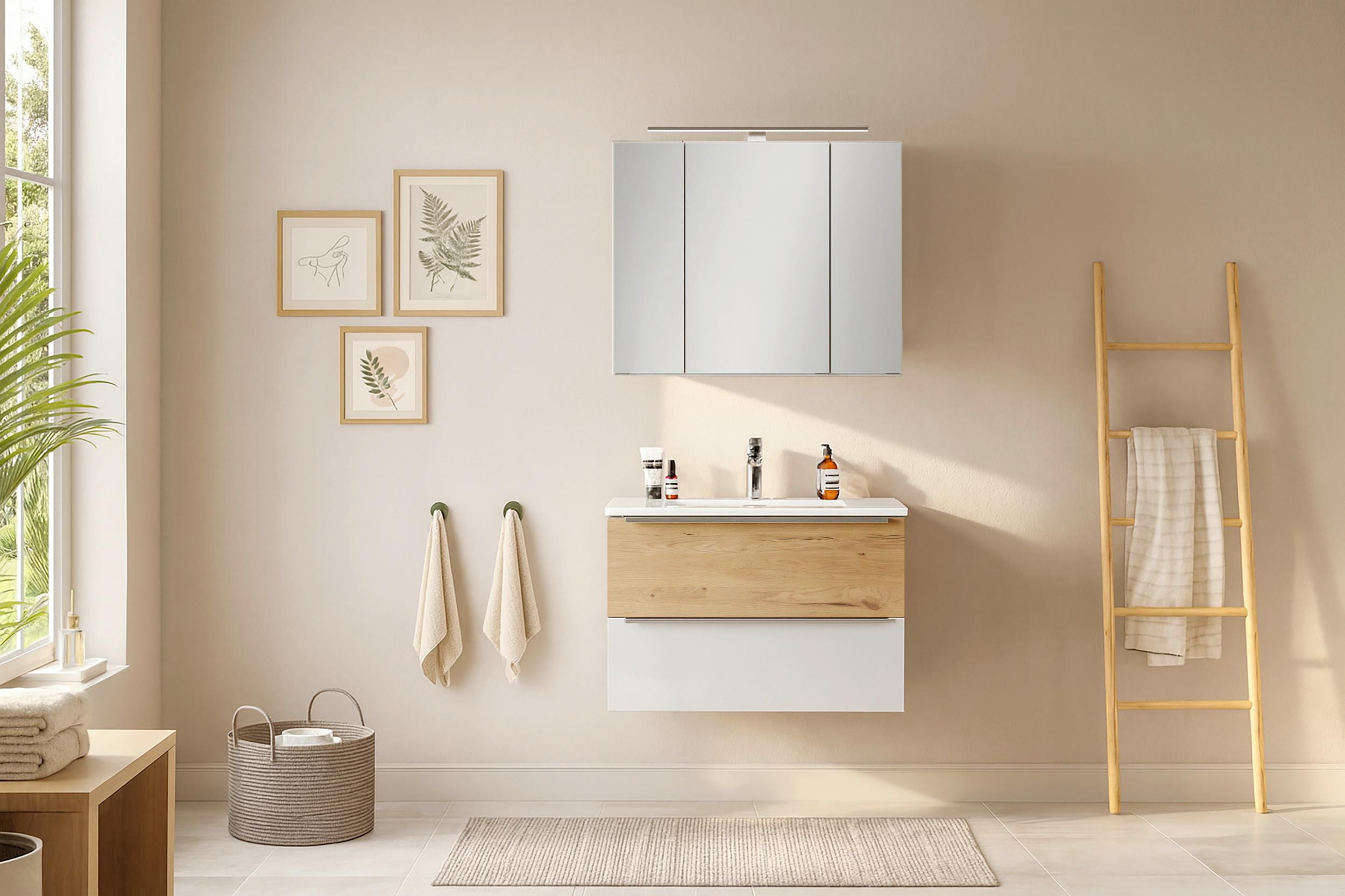 BADEZIMMER Verona Weiß/Wildeiche B: 80cm - Wildeiche/Weiß, Trend, Glas/Holzwerkstoff (80/200/47cm) - Held