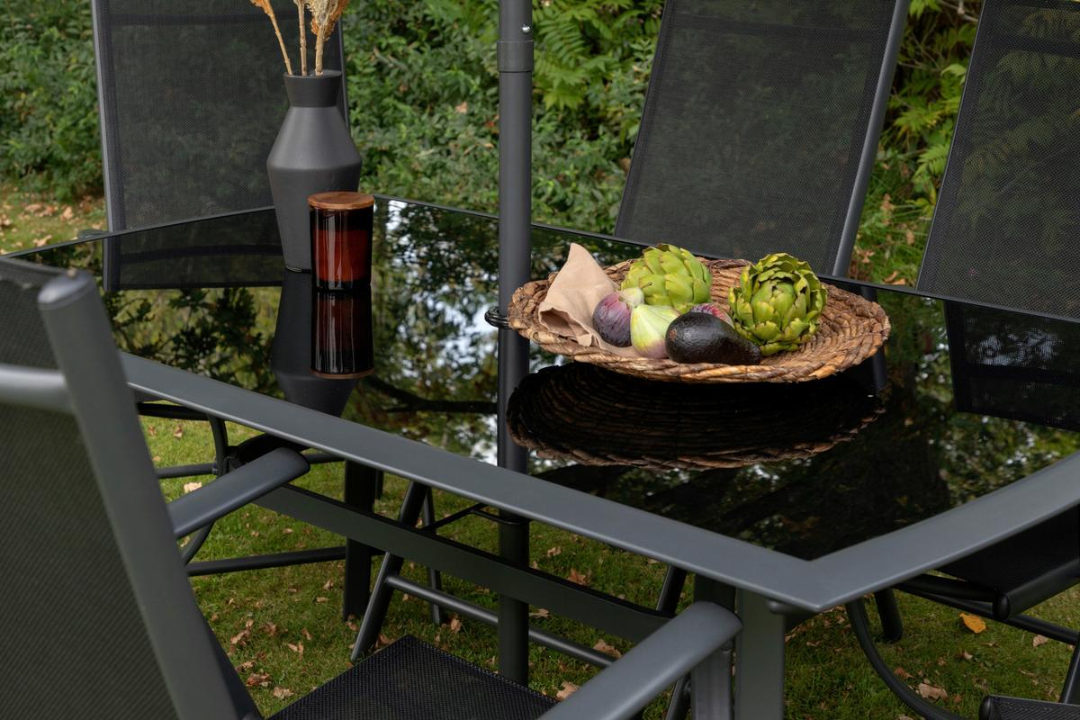 Gartentischgruppe 8-Tlg Brekki aus Aluminium mit Schirm - Schwarz, KONVENTIONELL, Glas/Metall - Gardenson