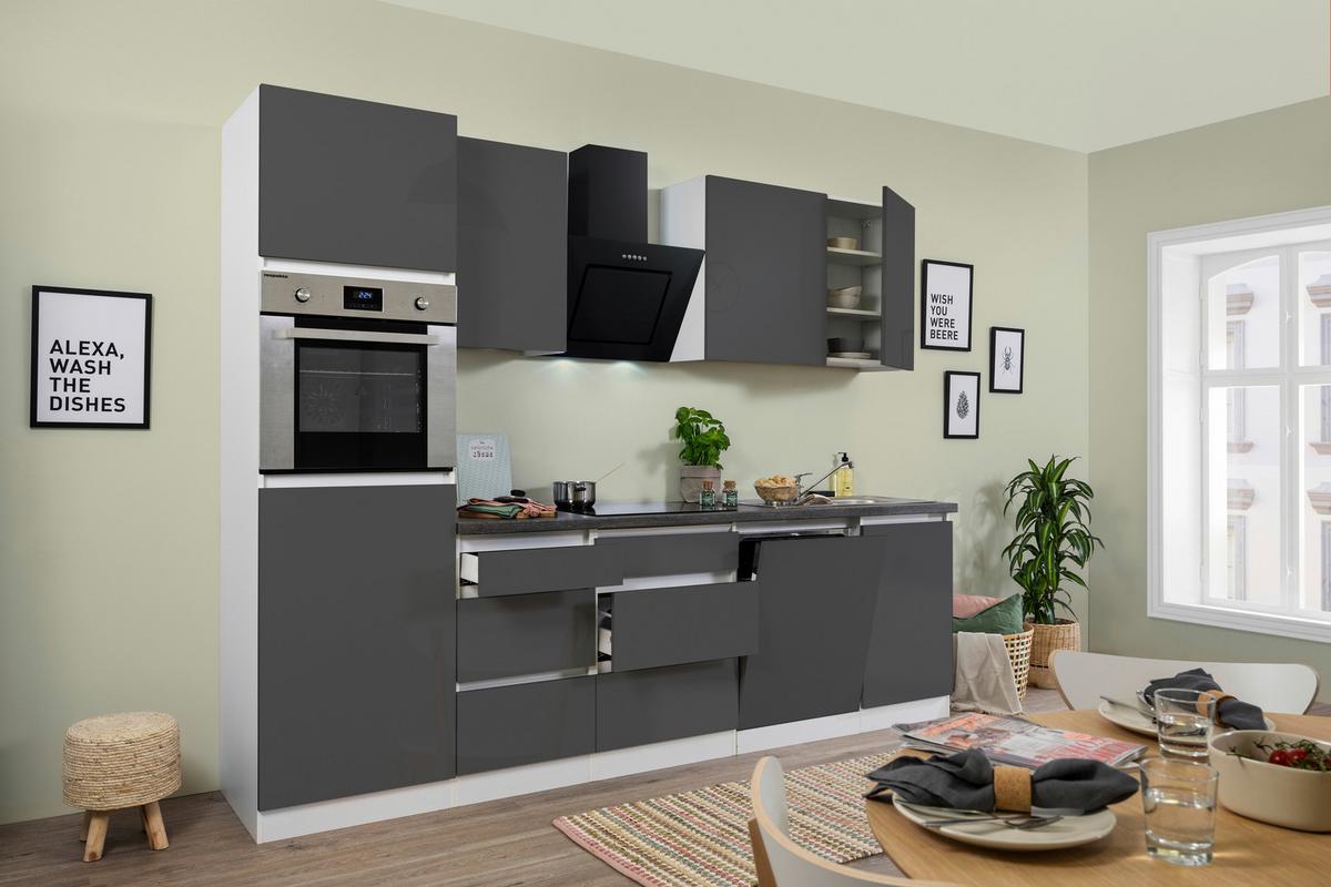 Küchenzeile Premium mit Geräten 280 cm Weiß/Grau Hochglanz - Weiß/Braun, MODERN, Holzwerkstoff (280cm) - Respekta