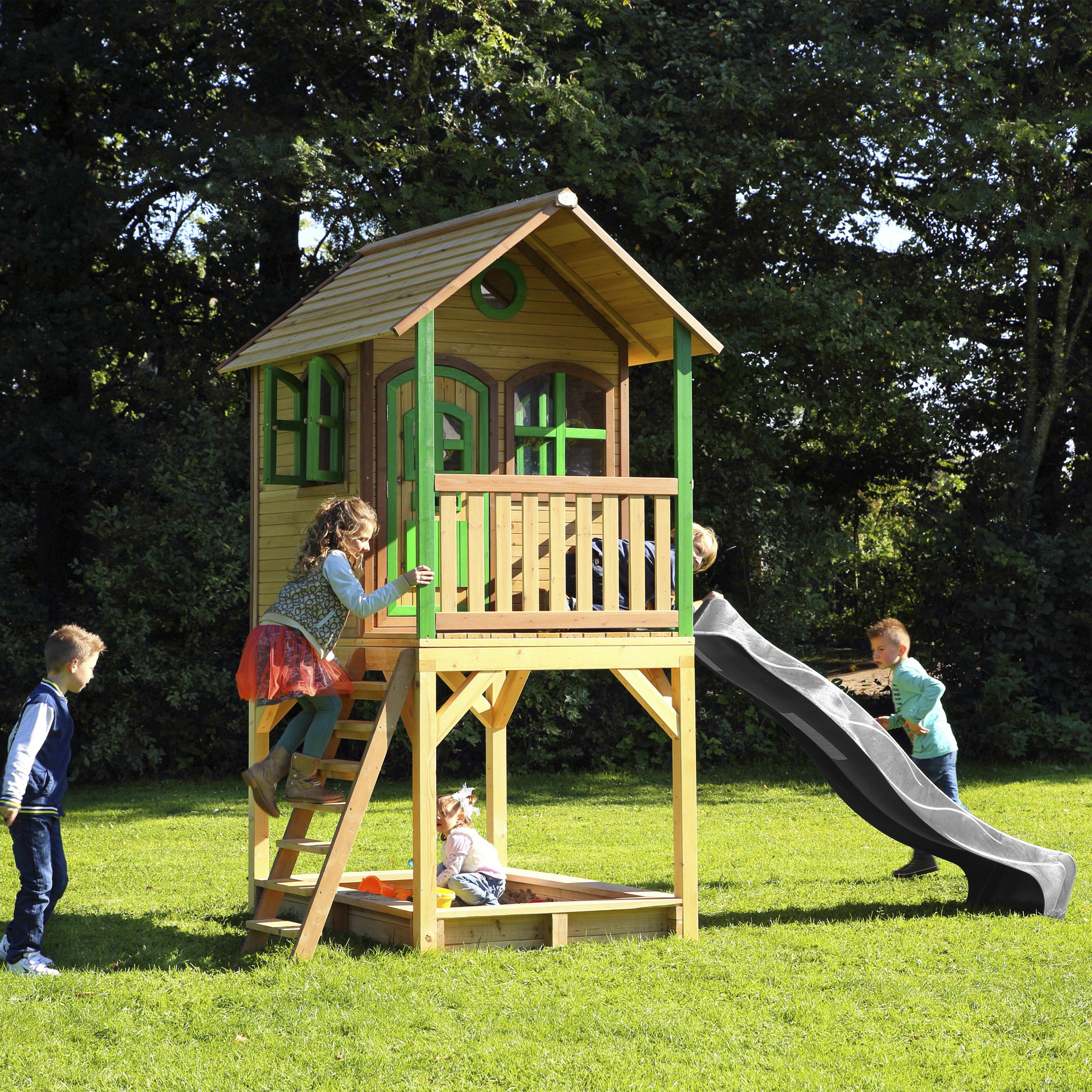Spielhaus Sarah Braun/grau/grün B: 370 Cm - Braun/Grau, KONVENTIONELL, Holz/Kunststoff (370/291/191cm) - Ambia Garden