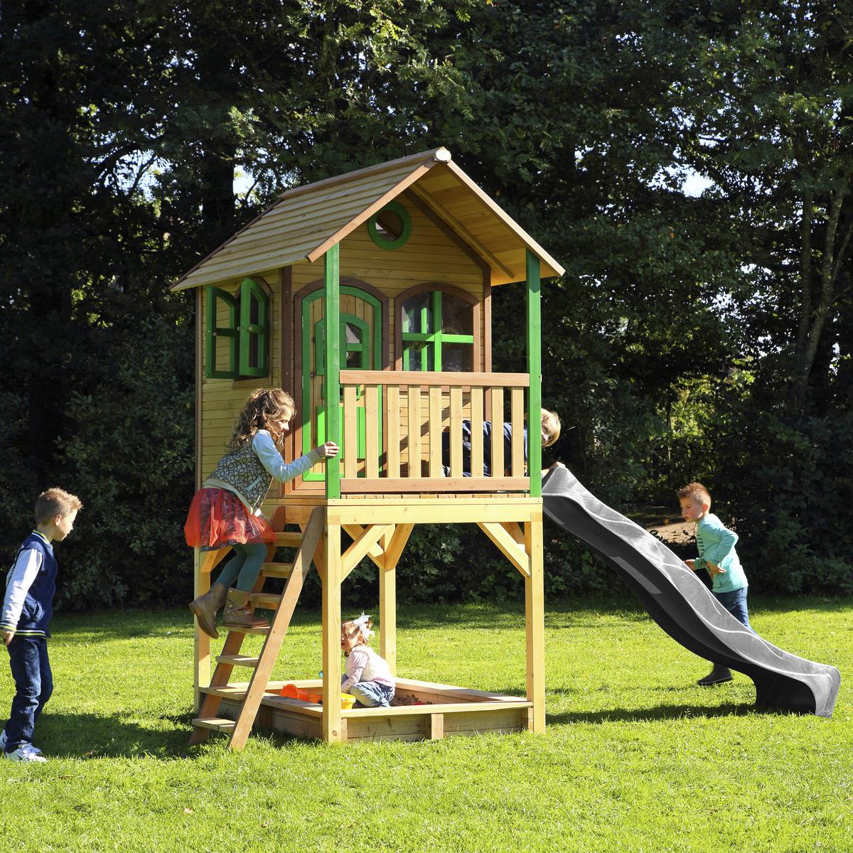 Spielhaus Sarah Braun/grau/grün B: 370 Cm - Braun/Grau, KONVENTIONELL, Holz/Kunststoff (370/291/191cm) - Ambia Garden