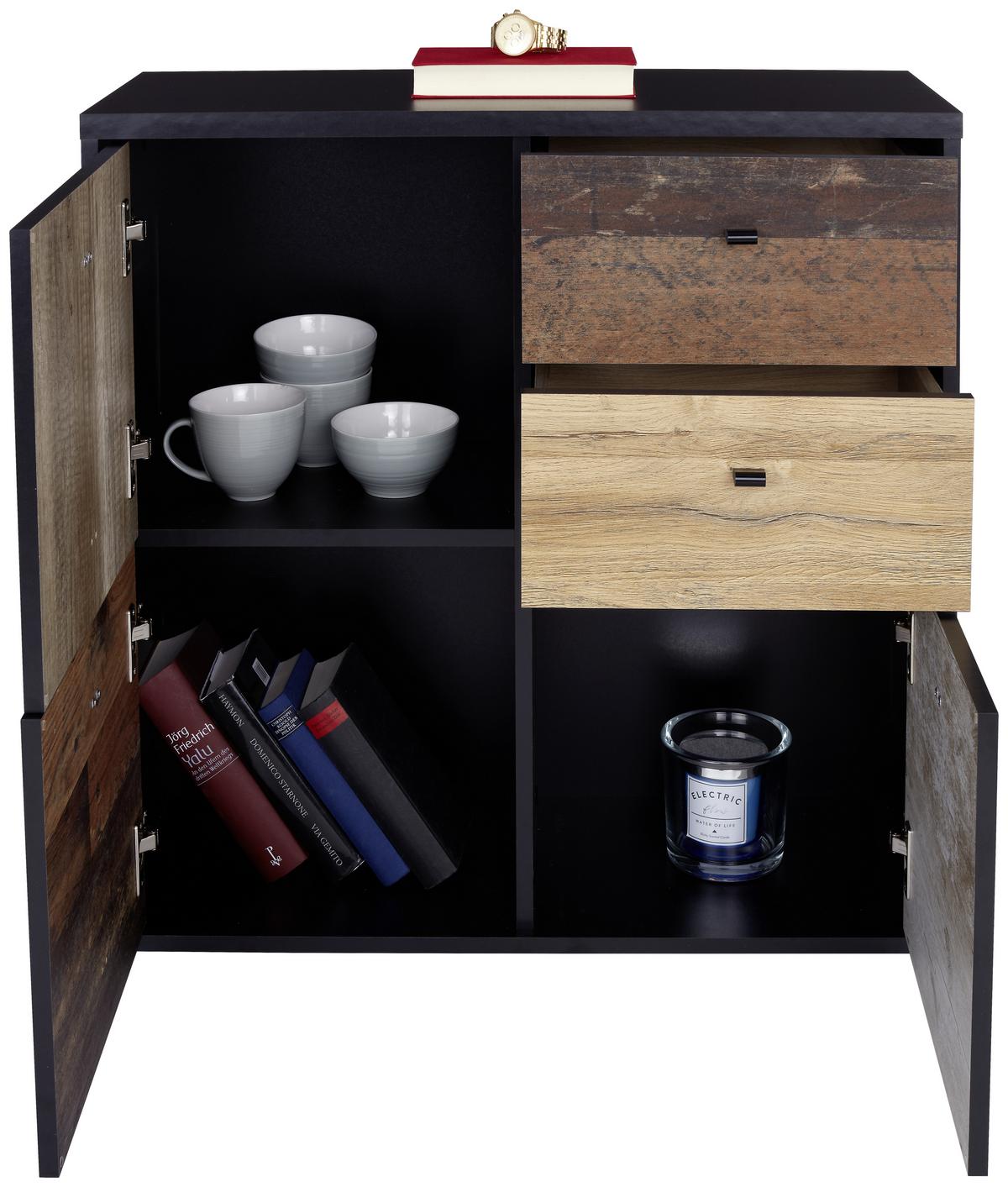 Kommode B 77,2cm Sanne Schwarz/alteiche Dekor - Eichefarben/Schwarz, MODERN, Holzwerkstoff/Kunststoff (77,2/77,5/29,6cm)