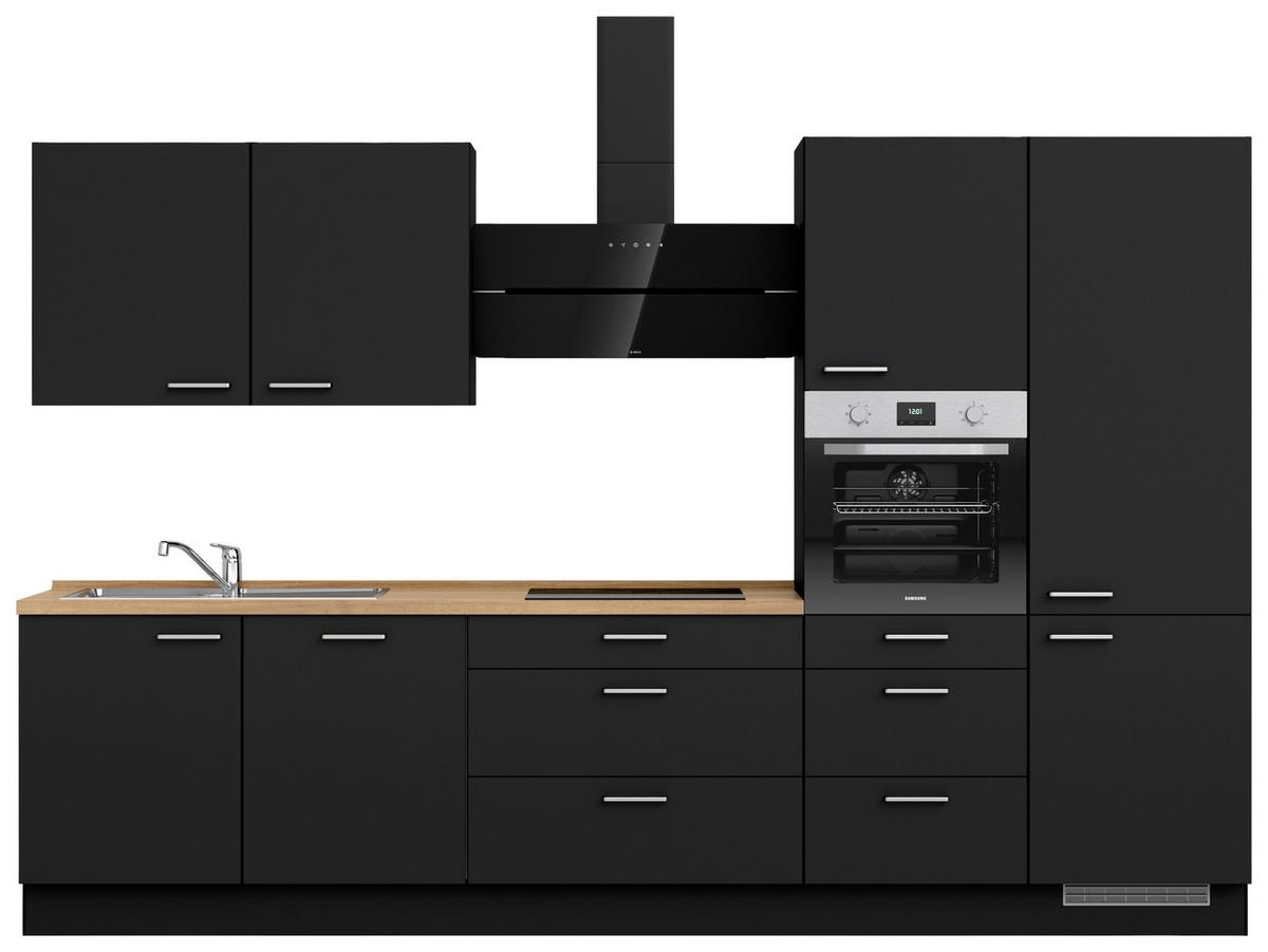 Kuchyňská linka 330 cm, černá matná/ barva dub - černá/barvy dubu, Moderní, kov/kompozitní dřevo (330cm) - Nobilia