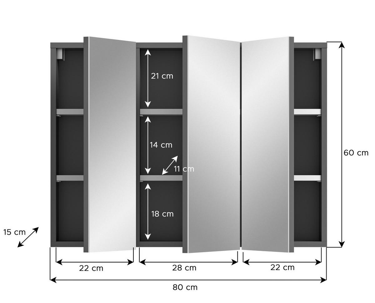 Spiegelschrank Soft 3-Türig B: 80 Cm - Grau, MODERN, Glas/Holzwerkstoff (80/60/15cm) - MID.YOU