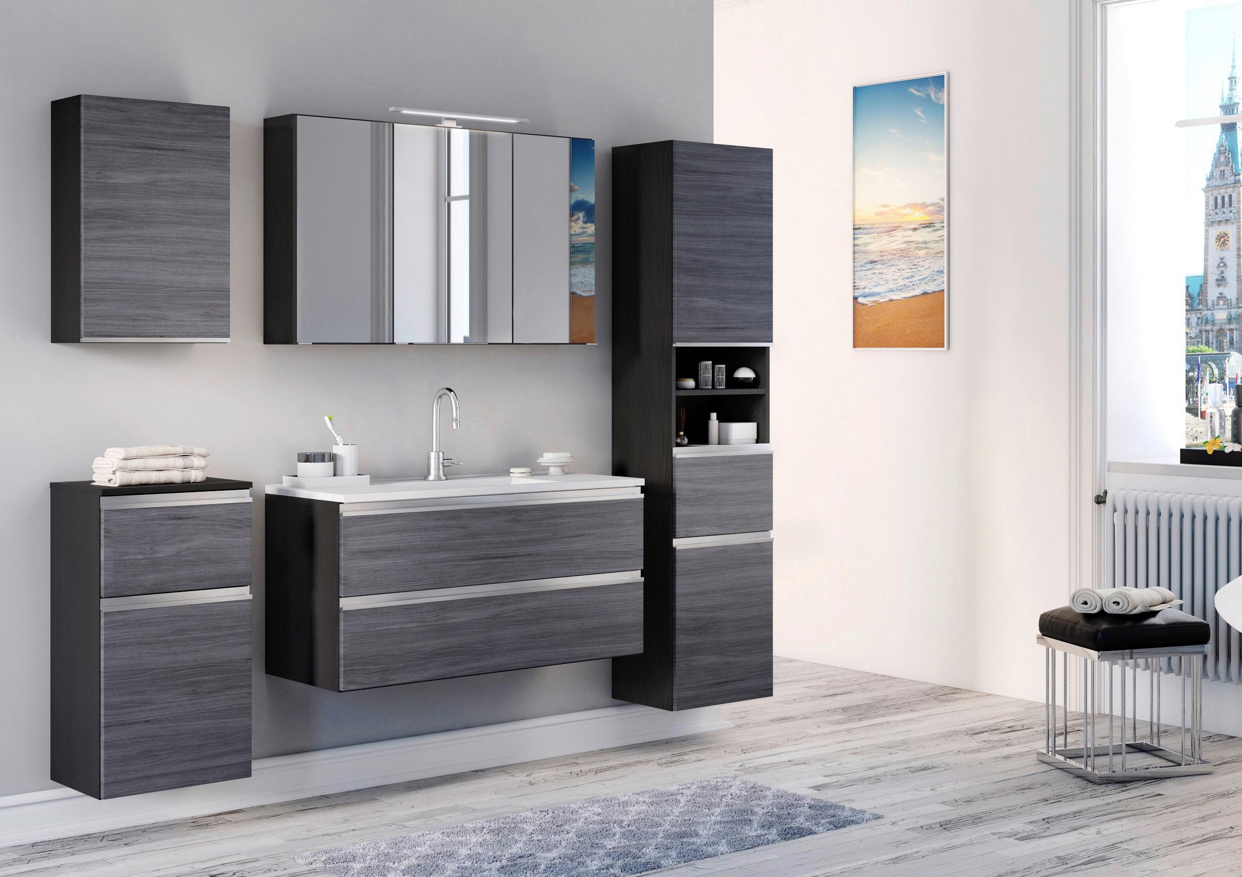 Badmöbel-Set 3-Tlg. inkl. LED Arezzo B: 100cm, Eiche Dekor - Eichefarben/Silberfarben, Basics, Holzwerkstoff/Stein (100cm) - Held