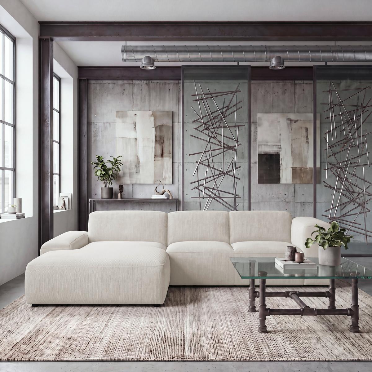 ECKSOFA Hannah Creme 200x304 cm - Creme/Schwarz, Design, Textil (200/304cm) - MID.YOU