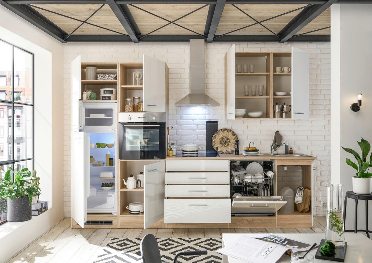 Küchenzeile Laurel ohne Geräte 310 cm Eiche/Weiß Hochglanz - Weiß/Sonoma Eiche, MODERN, Holzwerkstoff (310cm) - MID.YOU