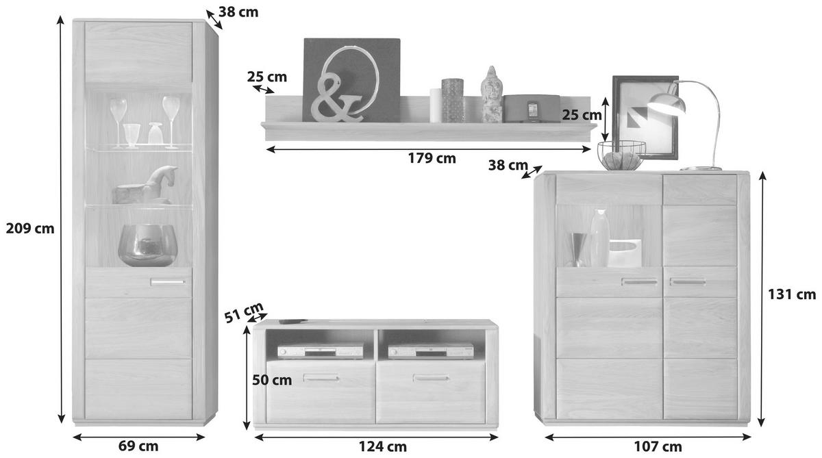 Wohnkombination 4-Tlg. Sena Eichefarben - Eichefarben, Design, Glas/Holz (319/209/51cm) - Livetastic