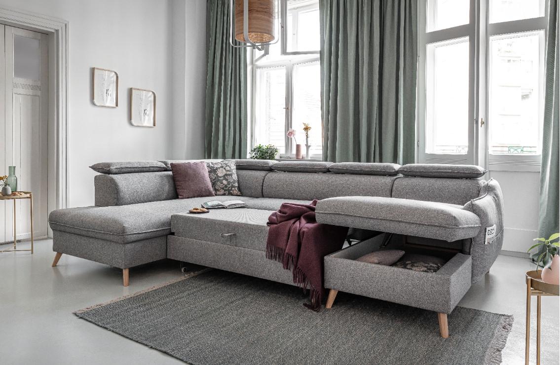 Rozkládací sedačka Simone, levé provedení - světle šedá/přírodní barvy, Moderní, dřevo/textil (321/82/95/208cm)