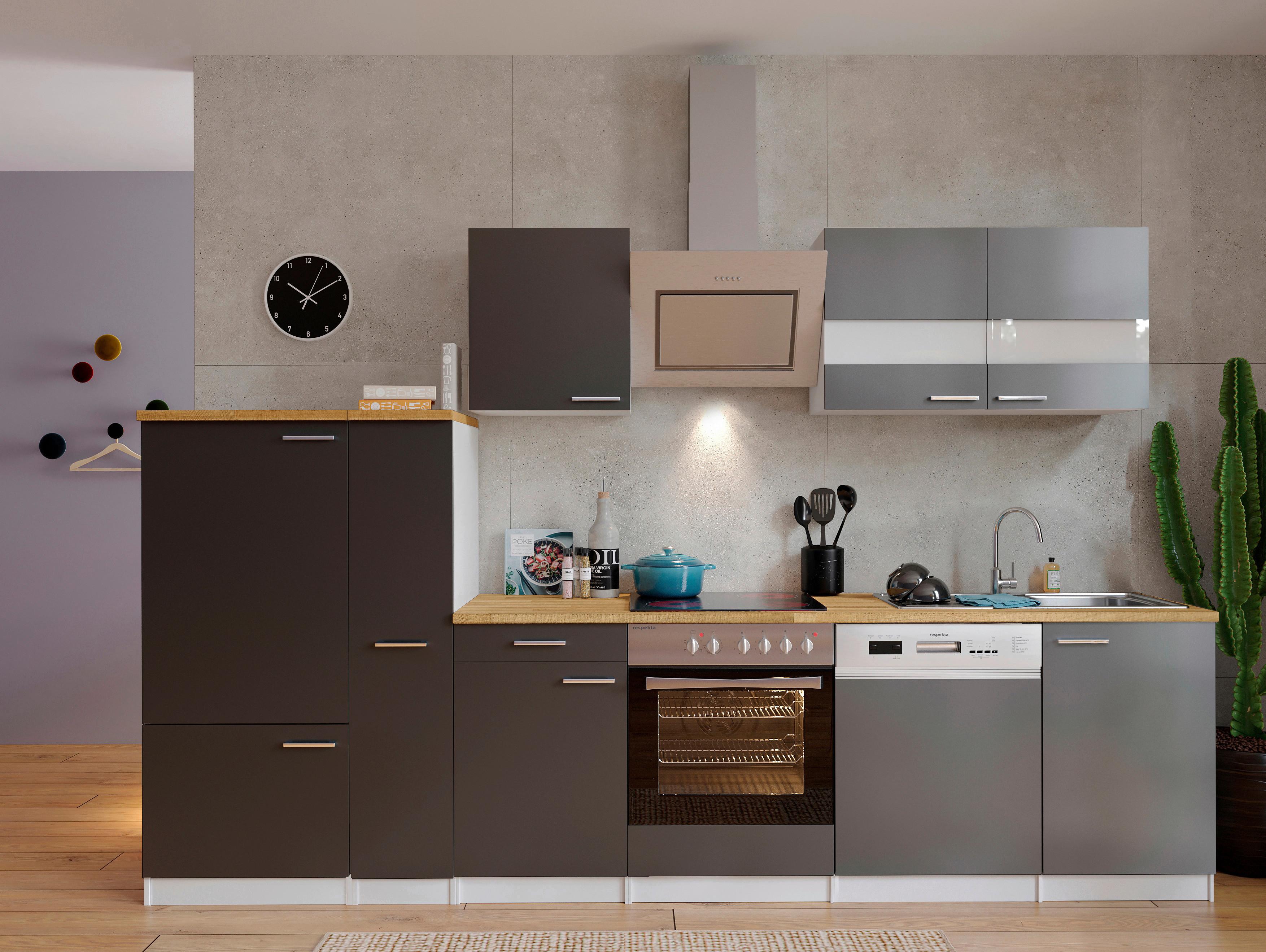 Küchenzeile Economy mit Geräten 310 cm Grau/Nussbaum Dekor - Nussbaumfarben/Weiß, Basics, Holzwerkstoff (310cm) - Respekta