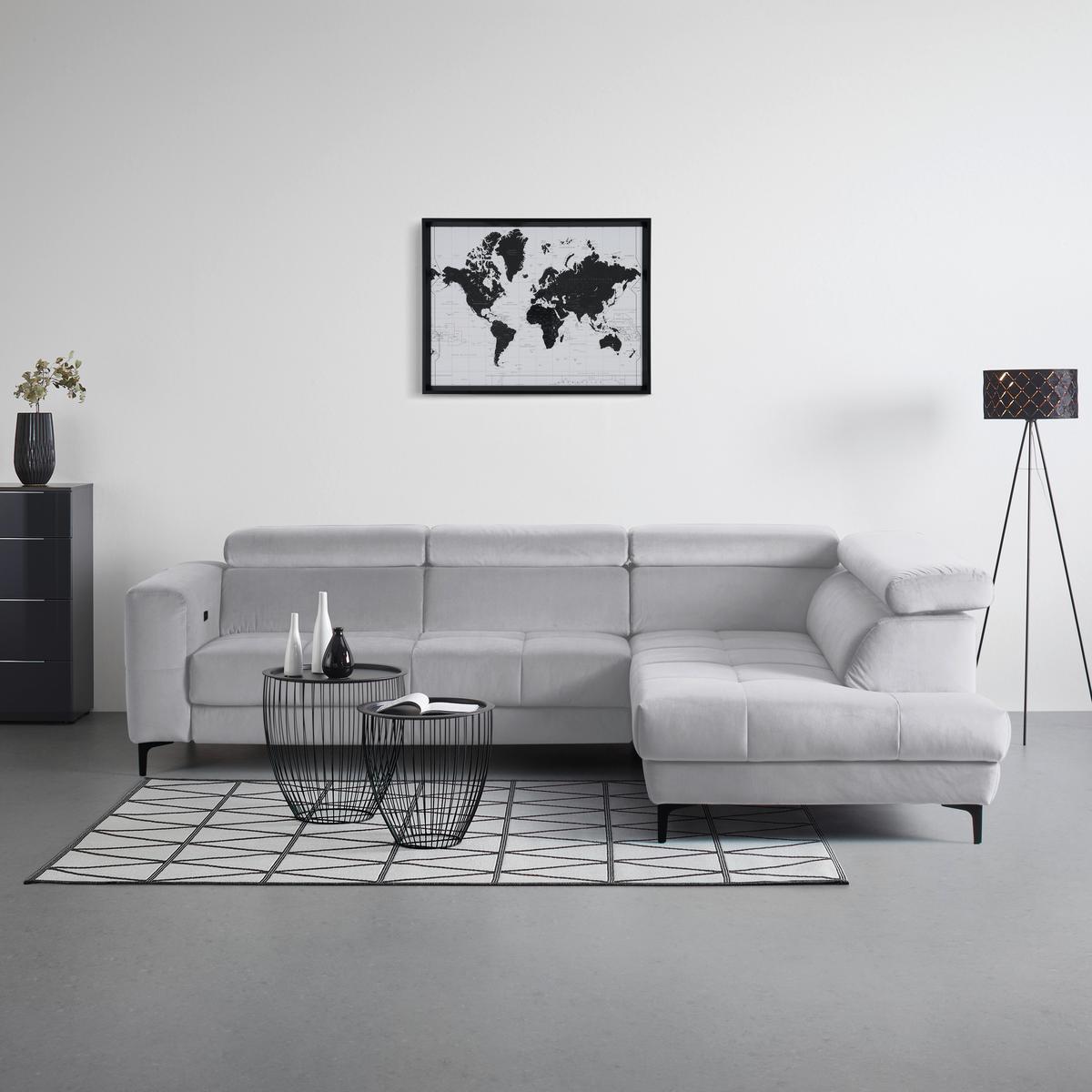 Rohová sedačka EMMA, pravá, šedobílá,op.hl.,USB,el.výsuv - černá/šedobílá, Moderní, textil (301/210cm) - Premium Living