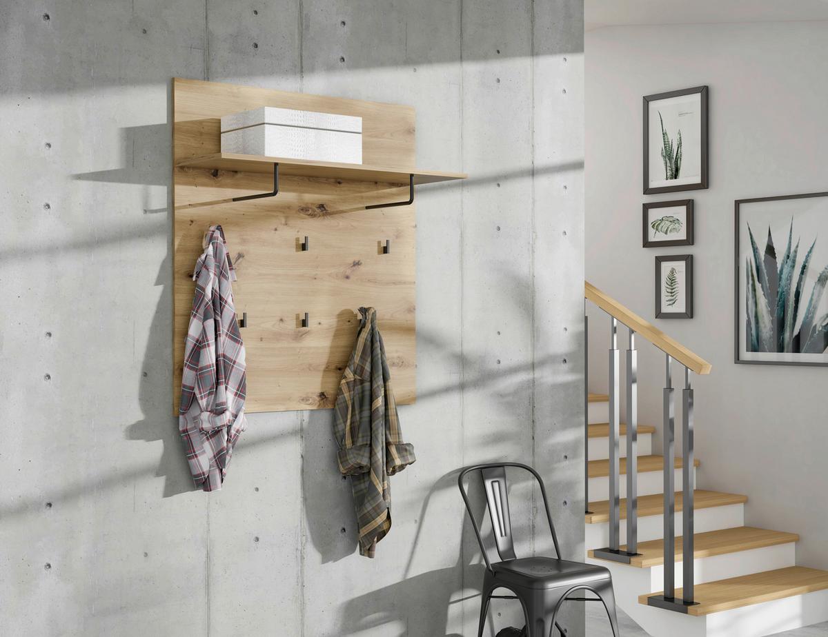 Garderobenpaneel Trondheim Hutablage 6 Haken B: 89,1 Cm - Eichefarben/Schwarz, Basics, Holzwerkstoff/Kunststoff (89,1/100/30cm) - Livetastic