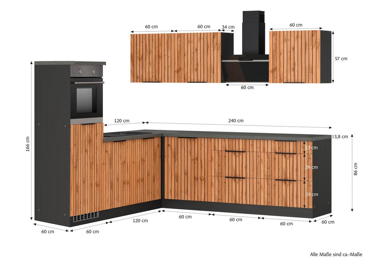 Eckküche Liverpool Graphit/ Eiche Dekor S: 240x240 cm - Schieferfarben/Eiche Wotan, Basics, Holzwerkstoff (240/240cm) - Held