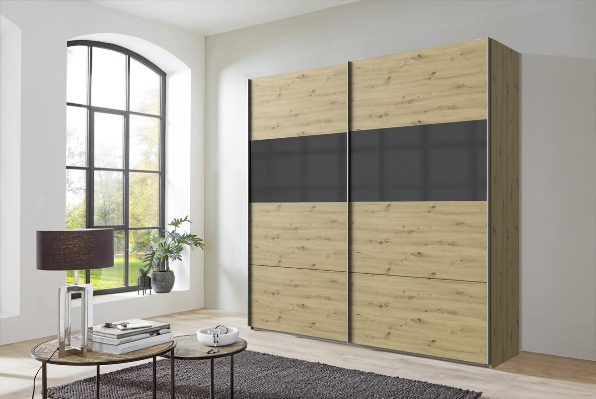 Skříň s posuvnými dveřmi Bramfeld,dub Artisan/sklo šedé - šedá/barvy dubu, Konvenční, kov/kompozitní dřevo (225/236/65cm)