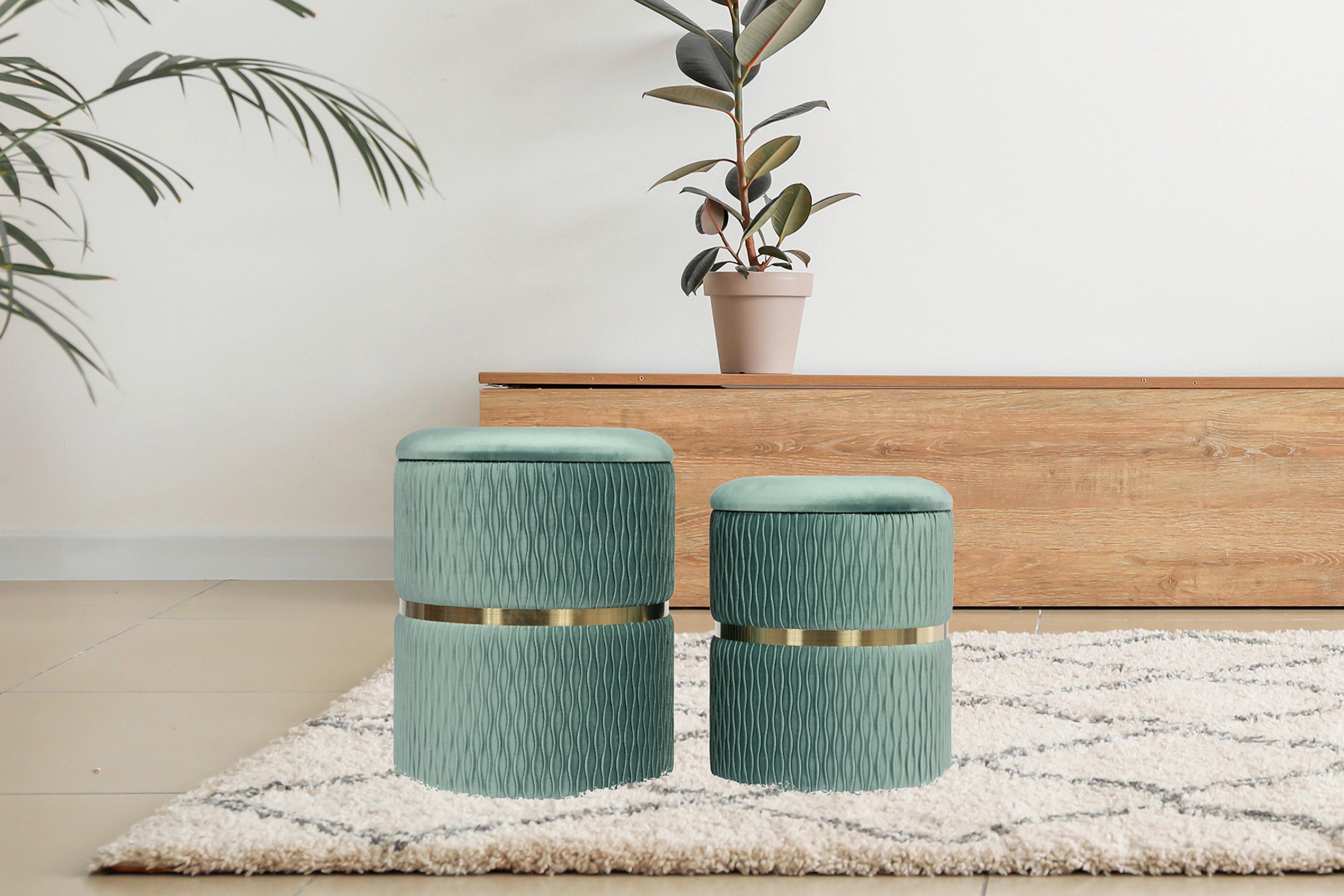 Hocker Zora Grün Polyester, D: 31,5 Cm - Goldfarben/Mintgrün, Design, Textil/Metall (31,5/36/38/44/31,5/36cm) - Kayoom