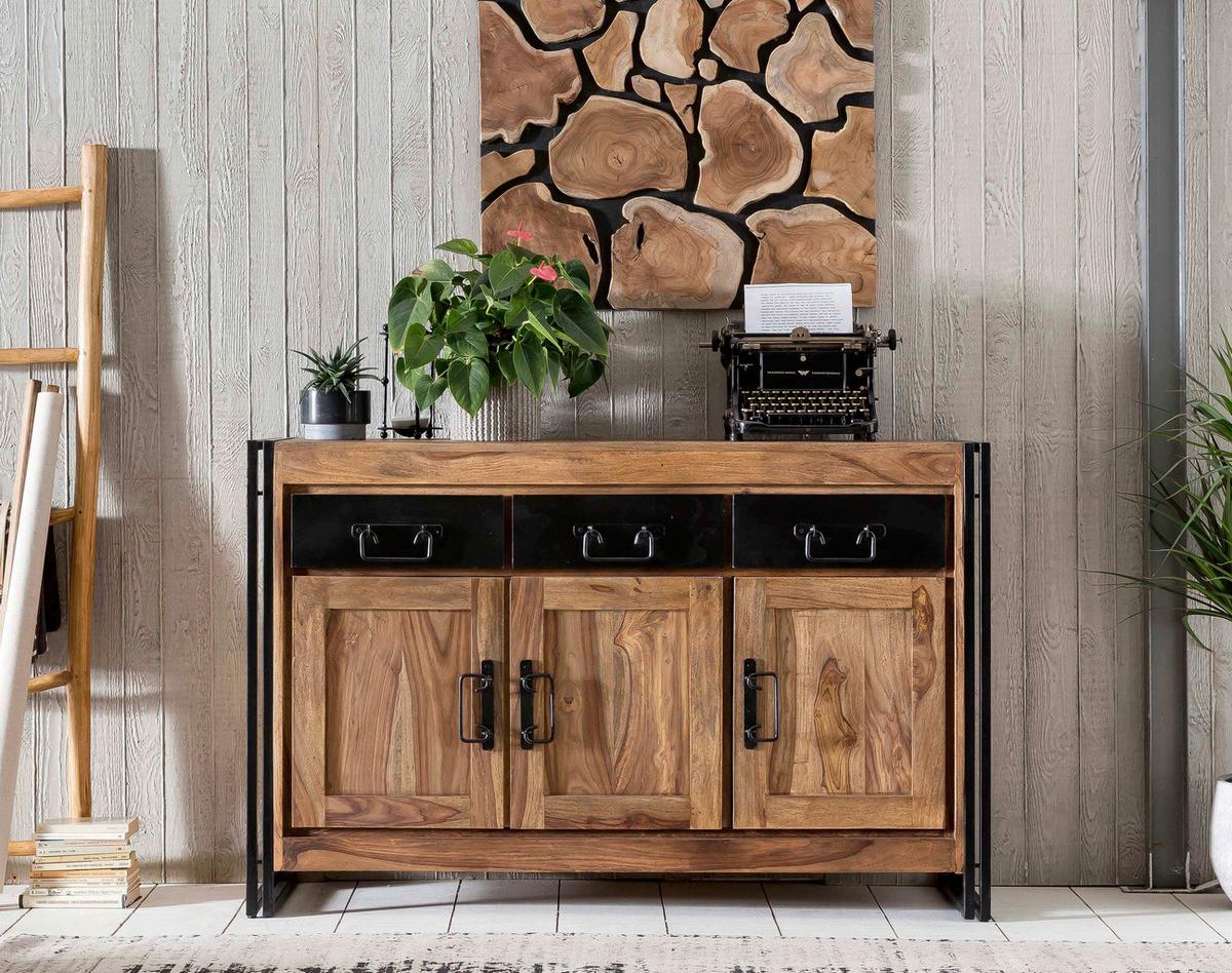 Sideboard Akazie B: 140cm - Schwarz/Naturfarben, Design, Holz/Metall (140/90/40cm) - MID.YOU