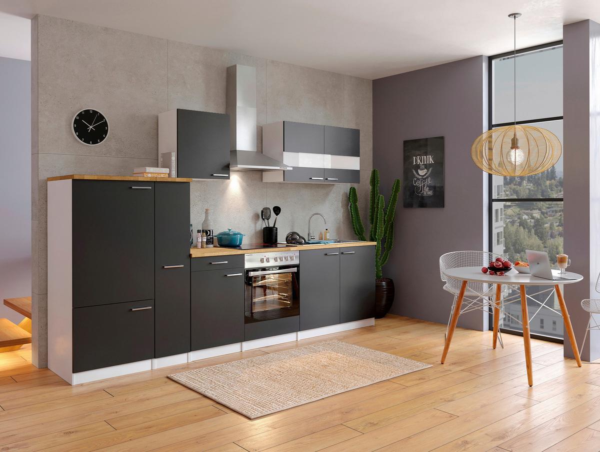 Küchenzeile ohne Geräte B: 300 cm Schwarz/Weiß/Nussbaum Dekor - Nussbaumfarben/Schwarz, Basics, Holzwerkstoff (300cm) - Respekta