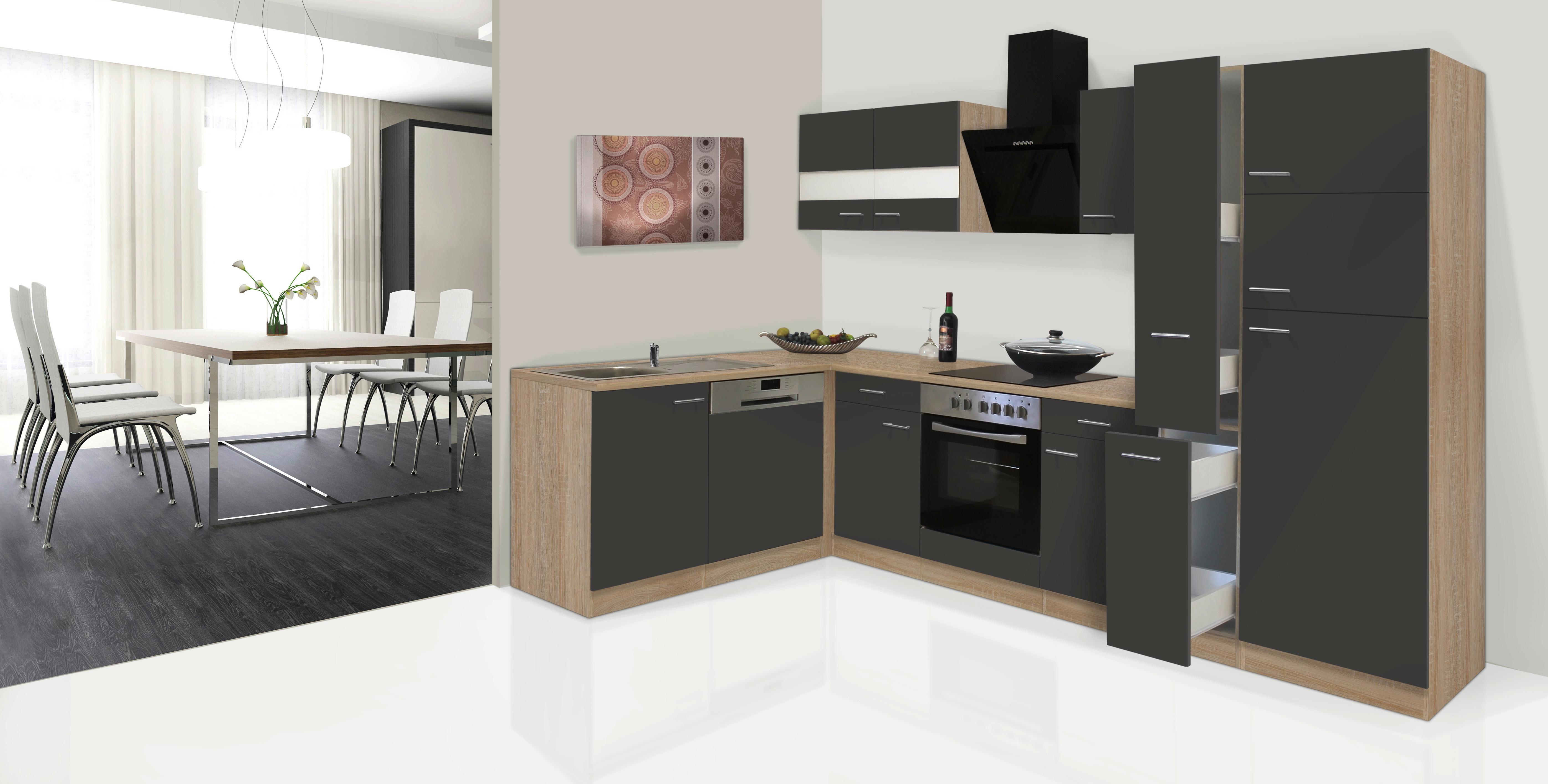 Eckküche Economy mit Geräten 172x310 cm Grau/Eiche Dekor - Eichefarben/Grau, Basics, Glas/Holzwerkstoff (172/310cm) - Respekta