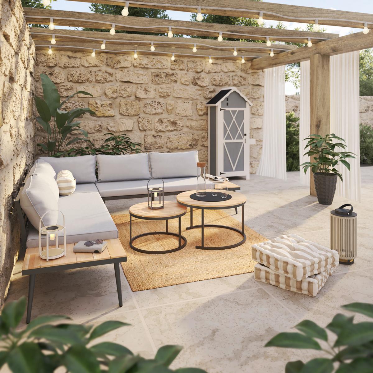 Záhradná sedacia súprava LORENA - čierna/farba akácie, Modern, kov/drevo (241/67/69cm) - Bessagi Garden