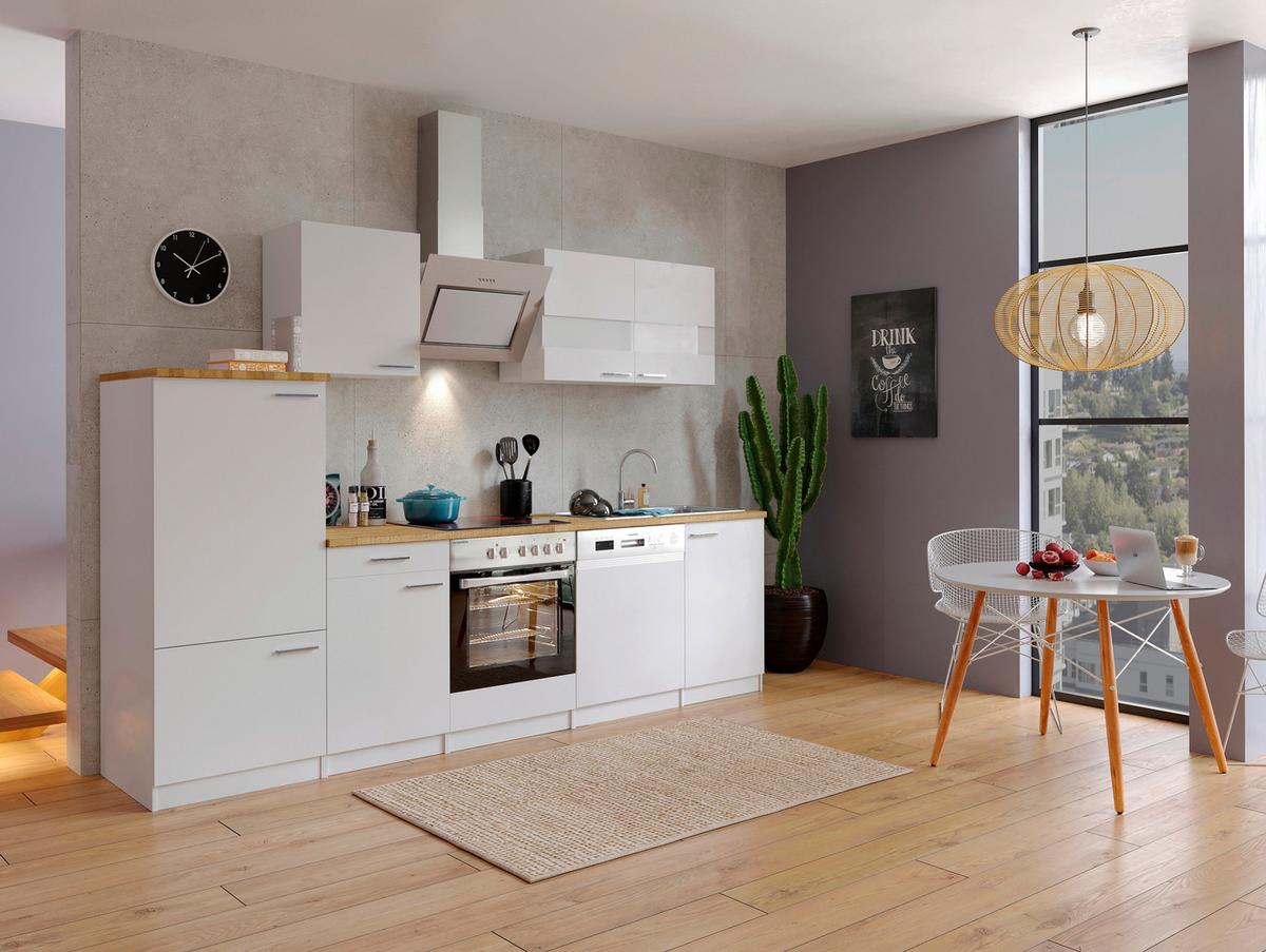 Küchenzeile Economy mit Geräten 280 cm Weiß/Nussbaum Dekor - Nussbaumfarben/Weiß, Basics, Holzwerkstoff (280cm) - Respekta