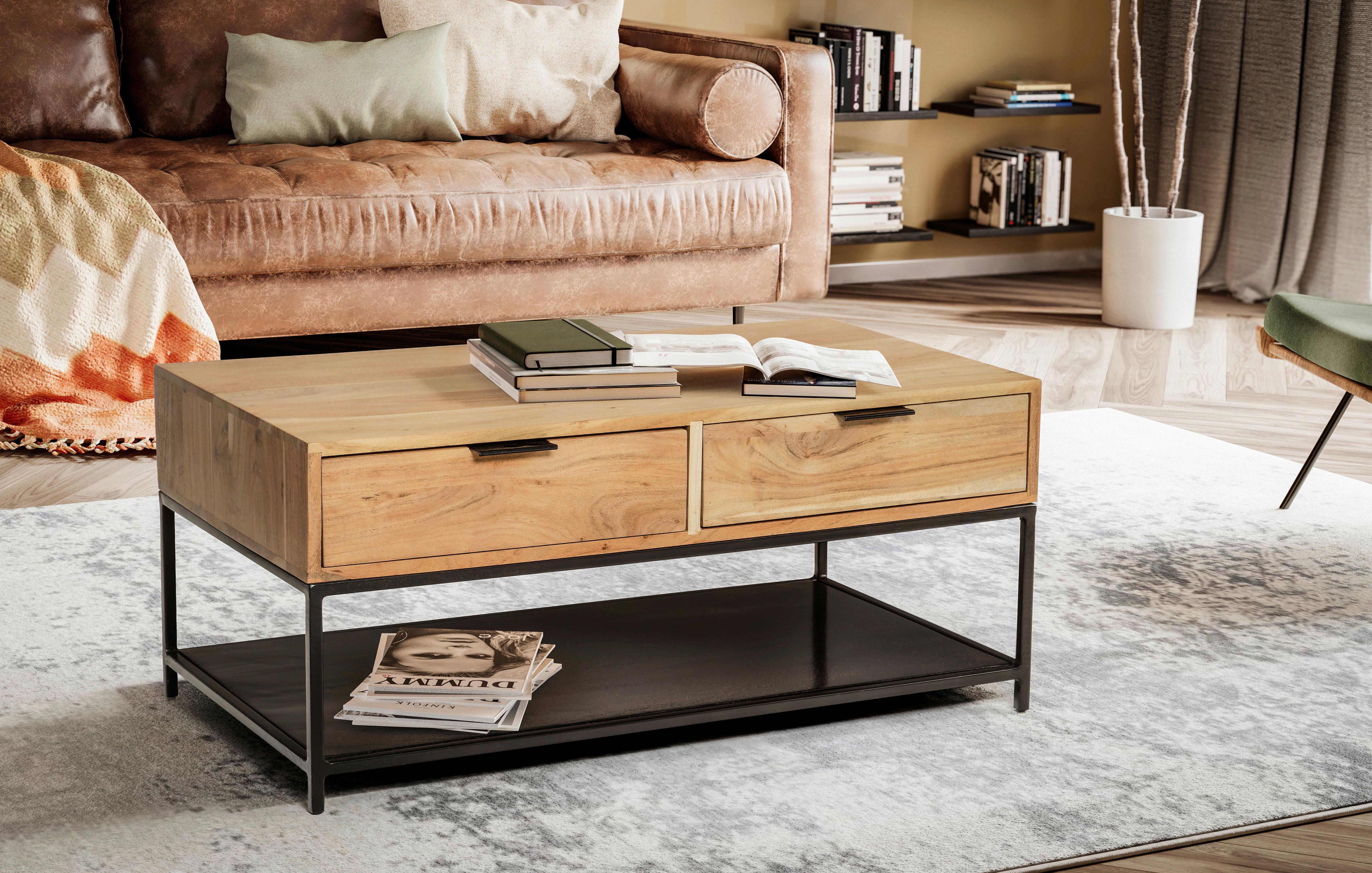 Couchtisch Akaziefarben L: 90 cm - Schwarz/Akaziefarben, Design, Holz/Metall (90/50/40cm) - MID.YOU
