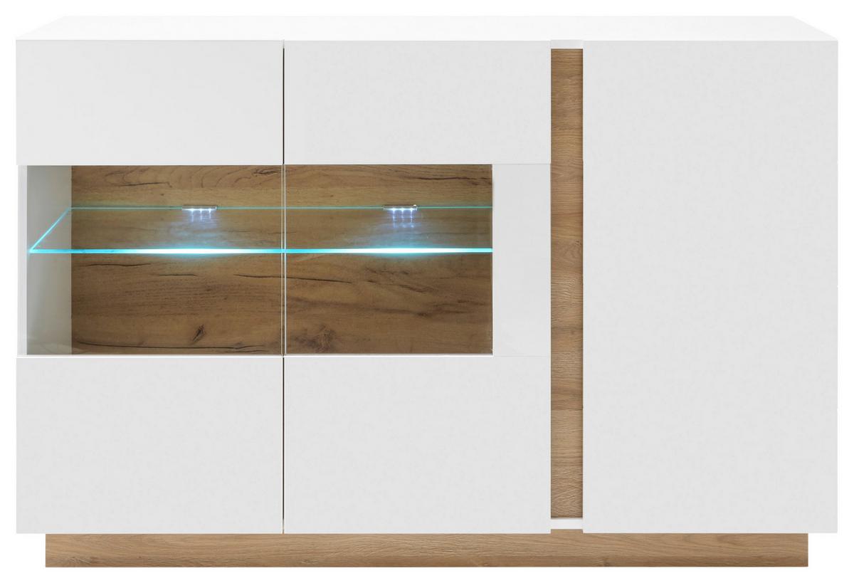 Sideboard Clair Weiß/Eiche Dekor B:138cm - Eichefarben/Weiß, Design, Glas/Holzwerkstoff (138/91/40cm) - MID.YOU
