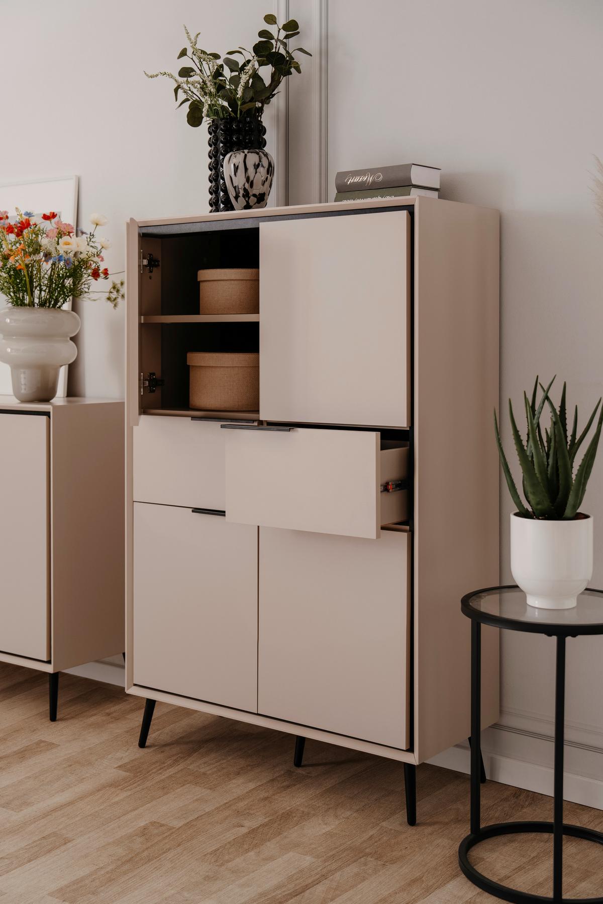 Highboard Arona - Sandfarben/Schwarz, KONVENTIONELL, Holzwerkstoff (90/140/38cm) - Livetastic