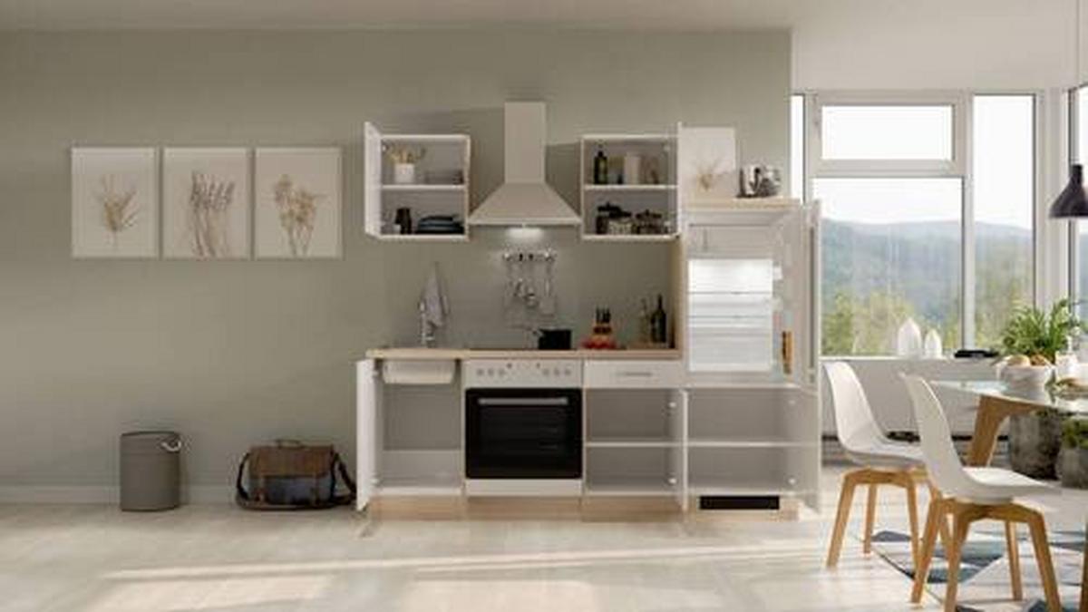 Küchenblock Valero Sonoma Eiche/Weiß B: 220 cm - Weiß Hochglanz/Sonoma Eiche, MODERN, Holzwerkstoff (220cm) - FlexWell
