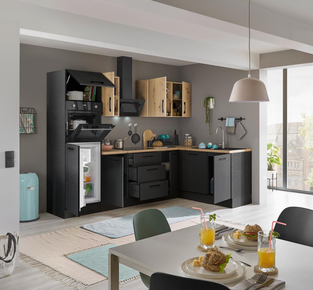 Eckküche Turin Schwarz/Eiche Dekor 280x175 cm - Schwarz/Eiche Artisan, Basics, Holzwerkstoff (280/175cm) - MID.YOU