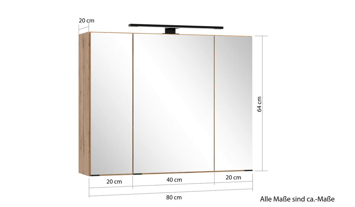 Spiegelschrank Chester mit LED Beleuchtung 3-Türig +Steckdose - Eiche Wotan, MODERN, Glas/Holzwerkstoff (80/67,5/20cm) - Held