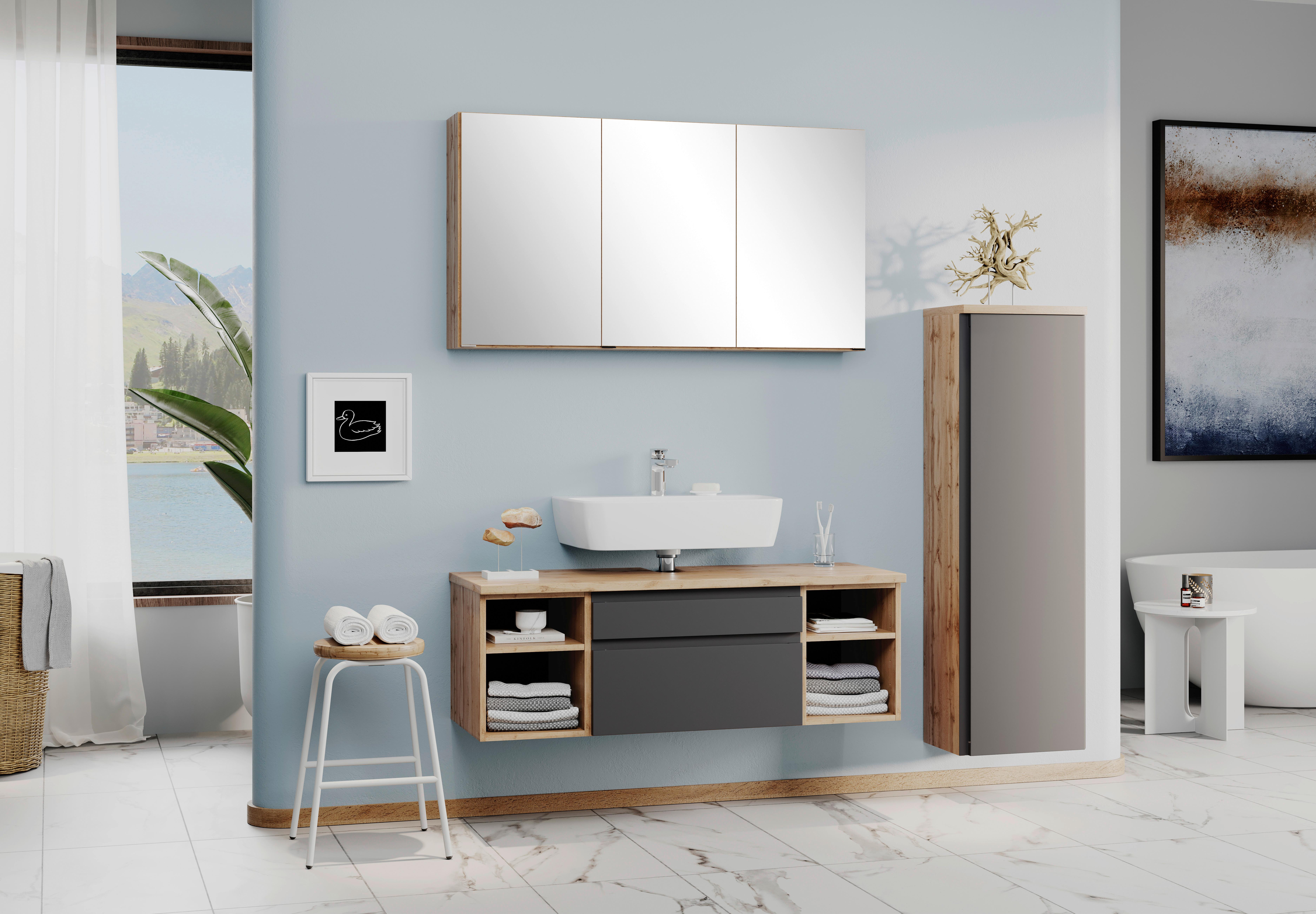 Midischrank Aresa B: 40 cm Grau/Eiche Dekor - Silberfarben/Eiche Wotan, MODERN, Holzwerkstoff (40/130/35cm) - Held