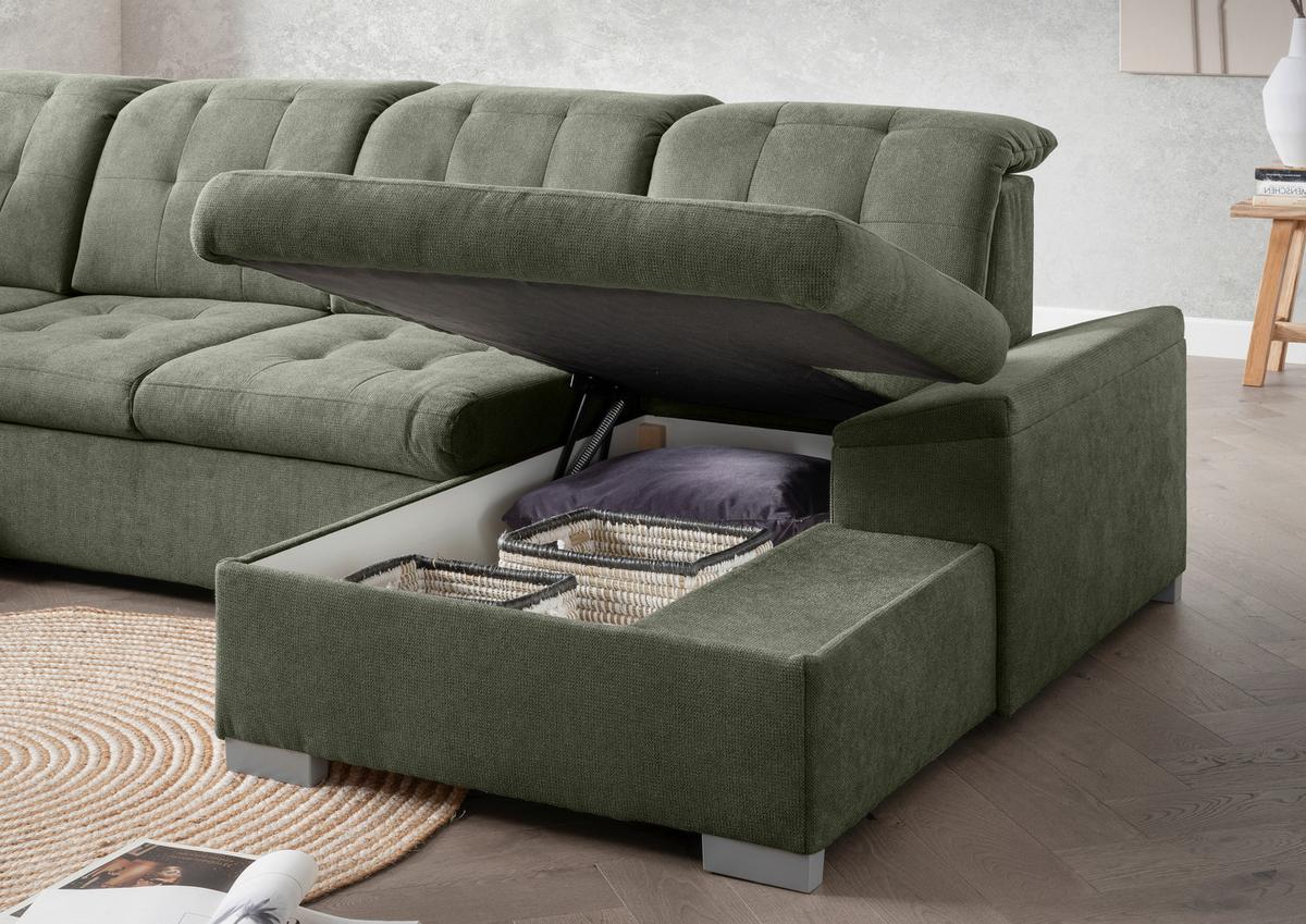 Wohnlandschaft Zira Dunkelgrün U: 212x330x169cm - Chromfarben/Dunkelgrün, MODERN, Textil (212/330/169cm) - Livetastic