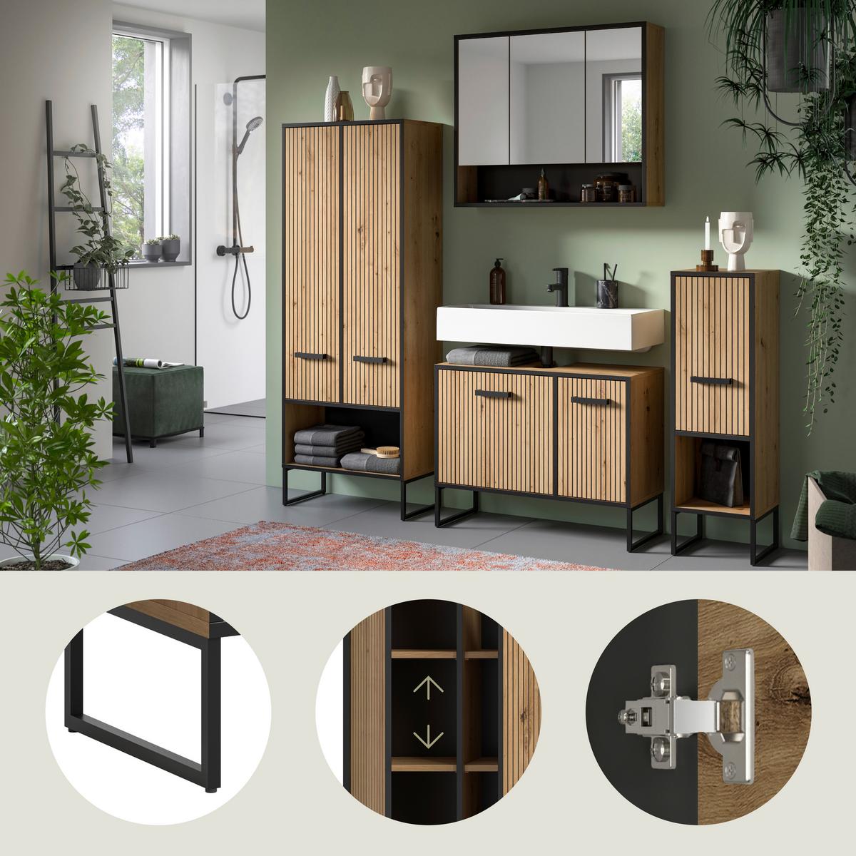 Badezimmer Bagno Schwarz /Eiche Artisan Dekor B: 169cm - Schwarz/Eiche Artisan, Trend, Glas/Holzwerkstoff (169cm) - MID.YOU