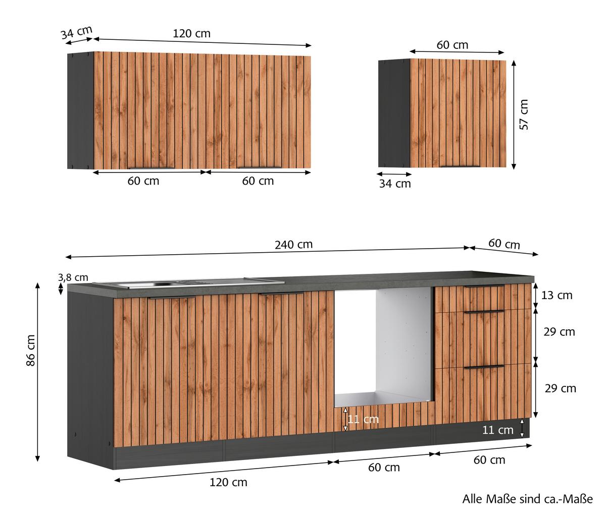 Küchenleerblock Liverpool Graphit/Eiche Dekor B: 240 cm - Schieferfarben/Eiche Wotan, Basics, Holzwerkstoff (240cm) - Held
