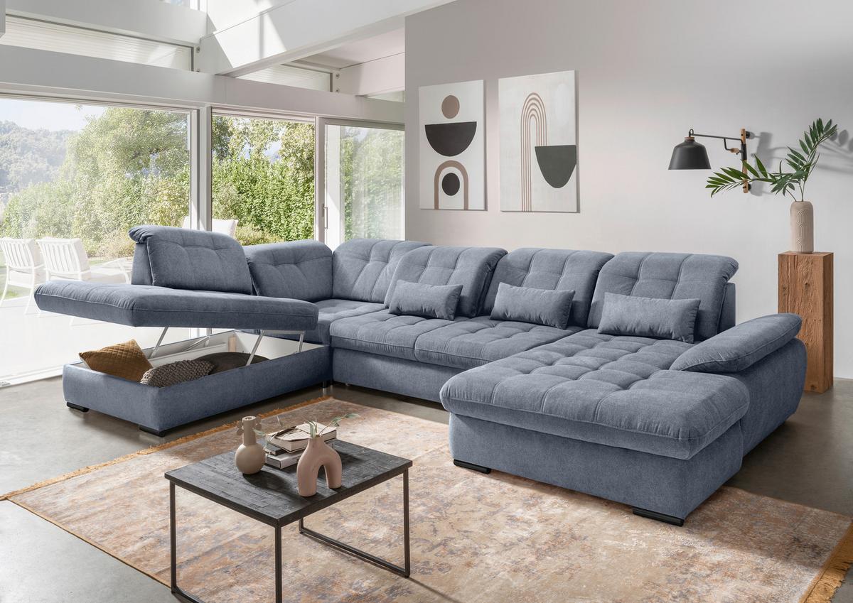 Wohnlandschaft mit Bettkasten Rigatti Hellblau B: 387 cm - Schwarz/Hellblau, MODERN, Textil (252/387/184cm) - Livetastic