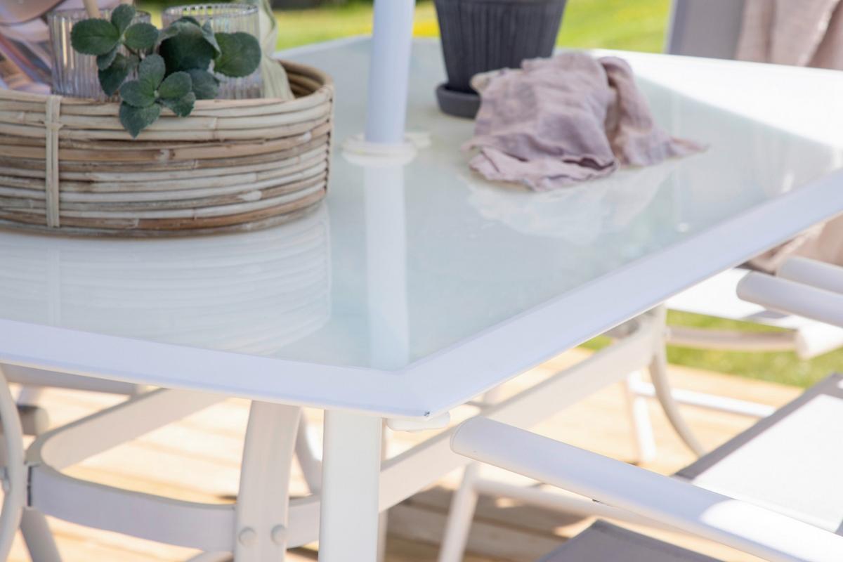 Gartentischgruppe 8-tlg Brekki Aus Aluminium Mit Schirm - Weiß, KONVENTIONELL, Glas/Metall - Gardenson