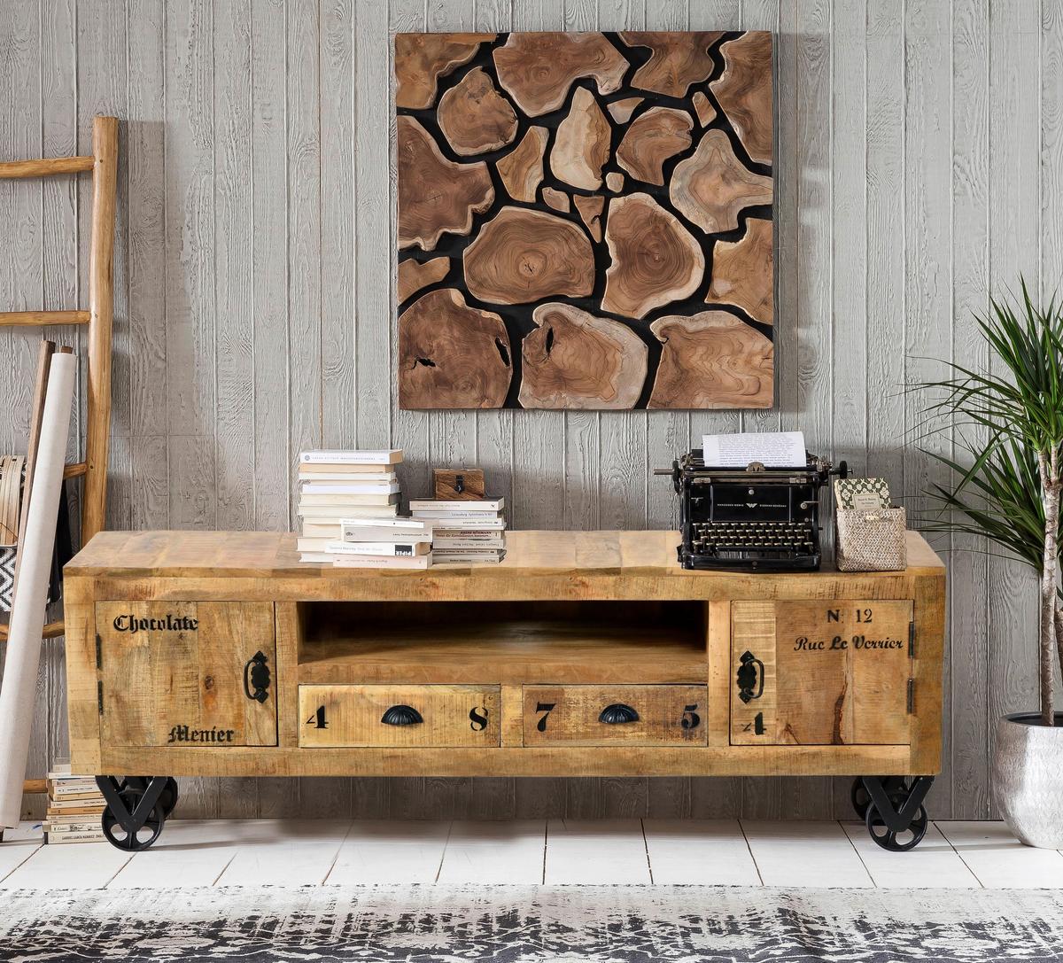 Lowboard Mangoholz B: 200cm - Schwarz/Naturfarben, Design, Holz/Metall (200/55/40cm) - MID.YOU