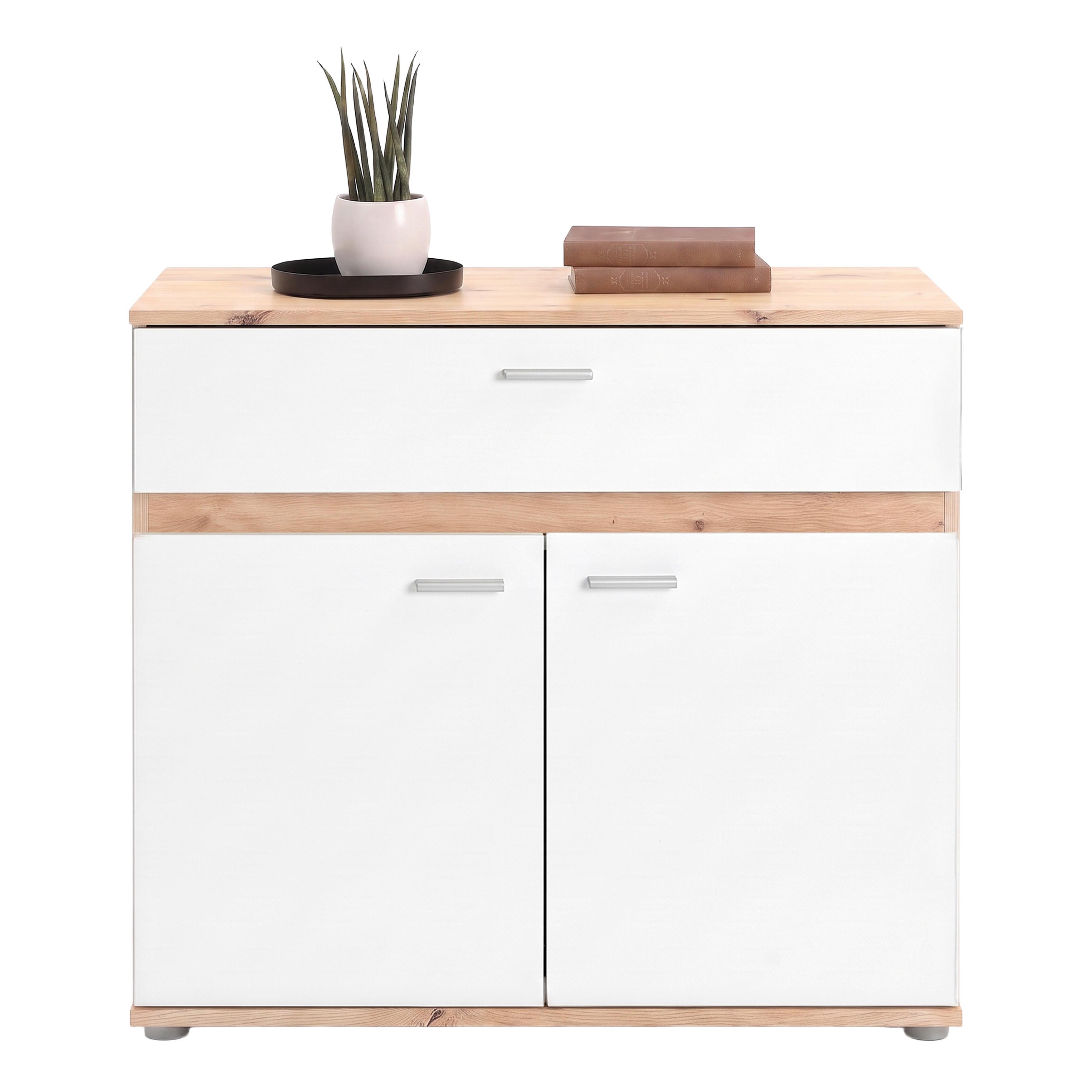 Kommode Carmen 2 Weiß/Eichefarben B: 80,2 cm - Eichefarben/Silberfarben, Trend, Holzwerkstoff (80,2/80/35cm) - Based