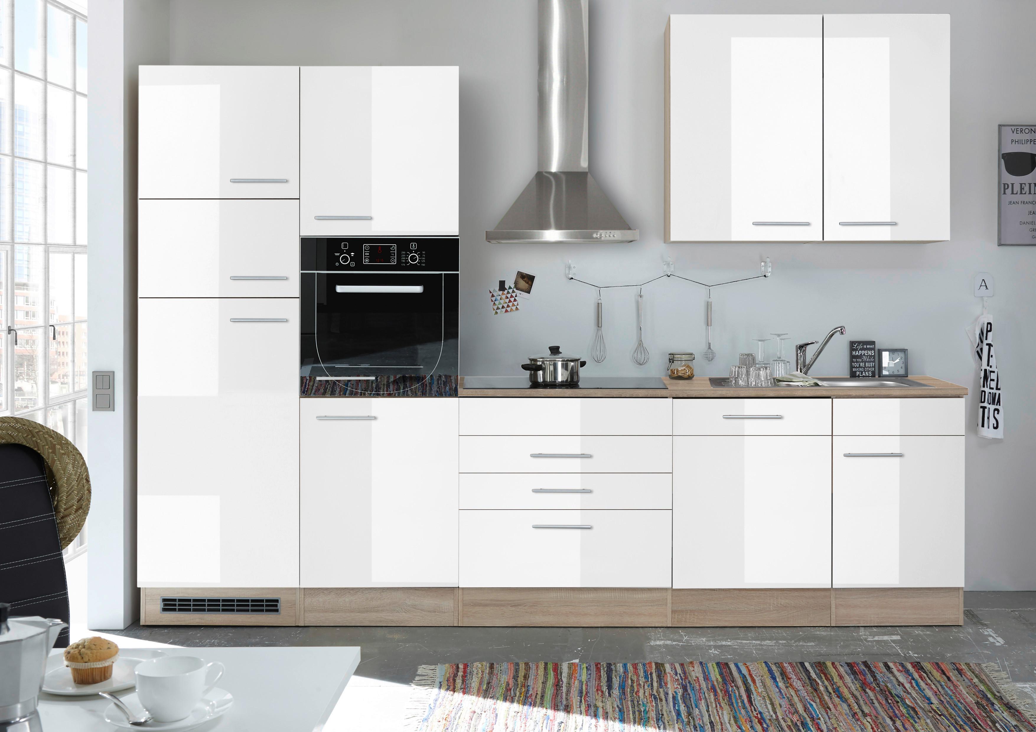 Küchenzeile Laurel ohne Geräte 310 cm Eiche/Weiß Hochglanz - Weiß/Sonoma Eiche, MODERN, Holzwerkstoff (310cm) - MID.YOU
