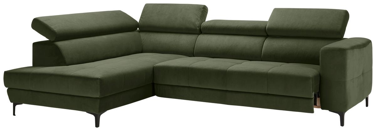 Rohová sedačka EMMA, ľavá, oliv.zel.,op.hl.,USB,el.výsuv - olivovozelená/čierna, Modern, textil (210/301cm) - Premium Living