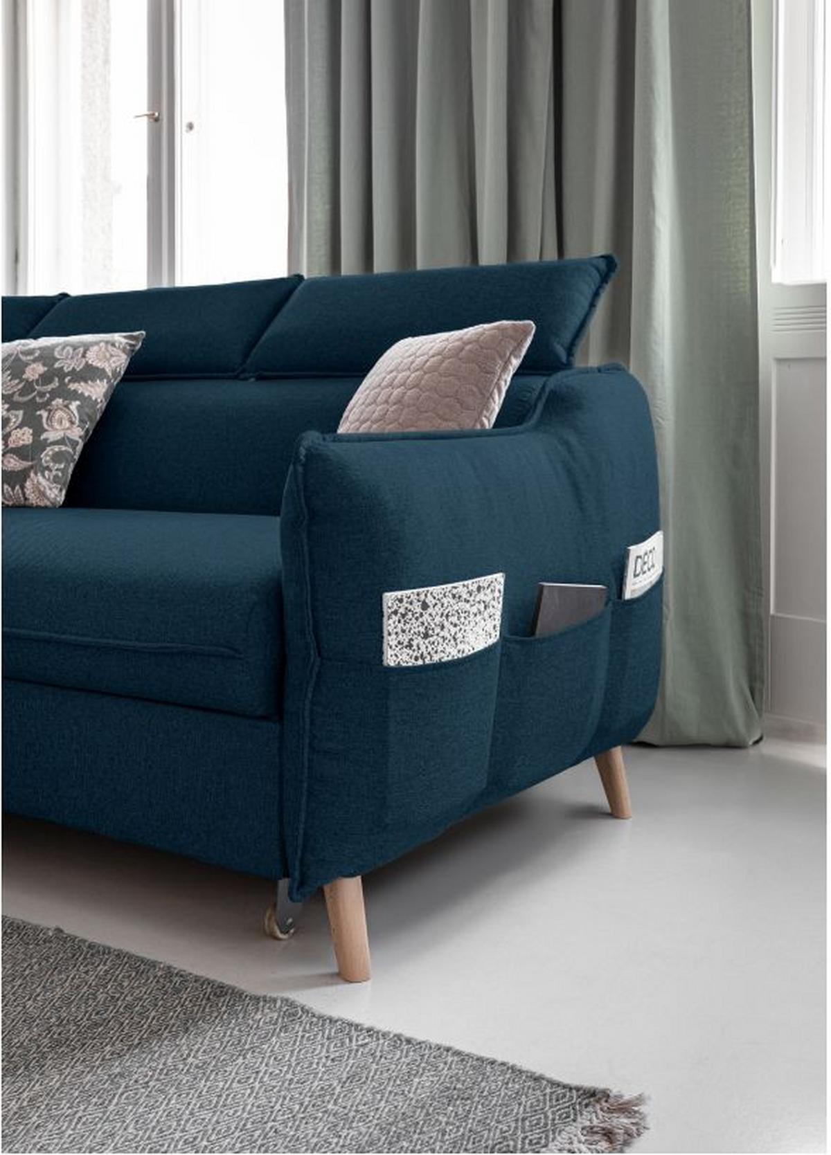 Rozkládací sedačka Simone, levé provedení - přírodní barvy/tmavě modrá, Moderní, dřevo/textil (253/82/95/208cm)