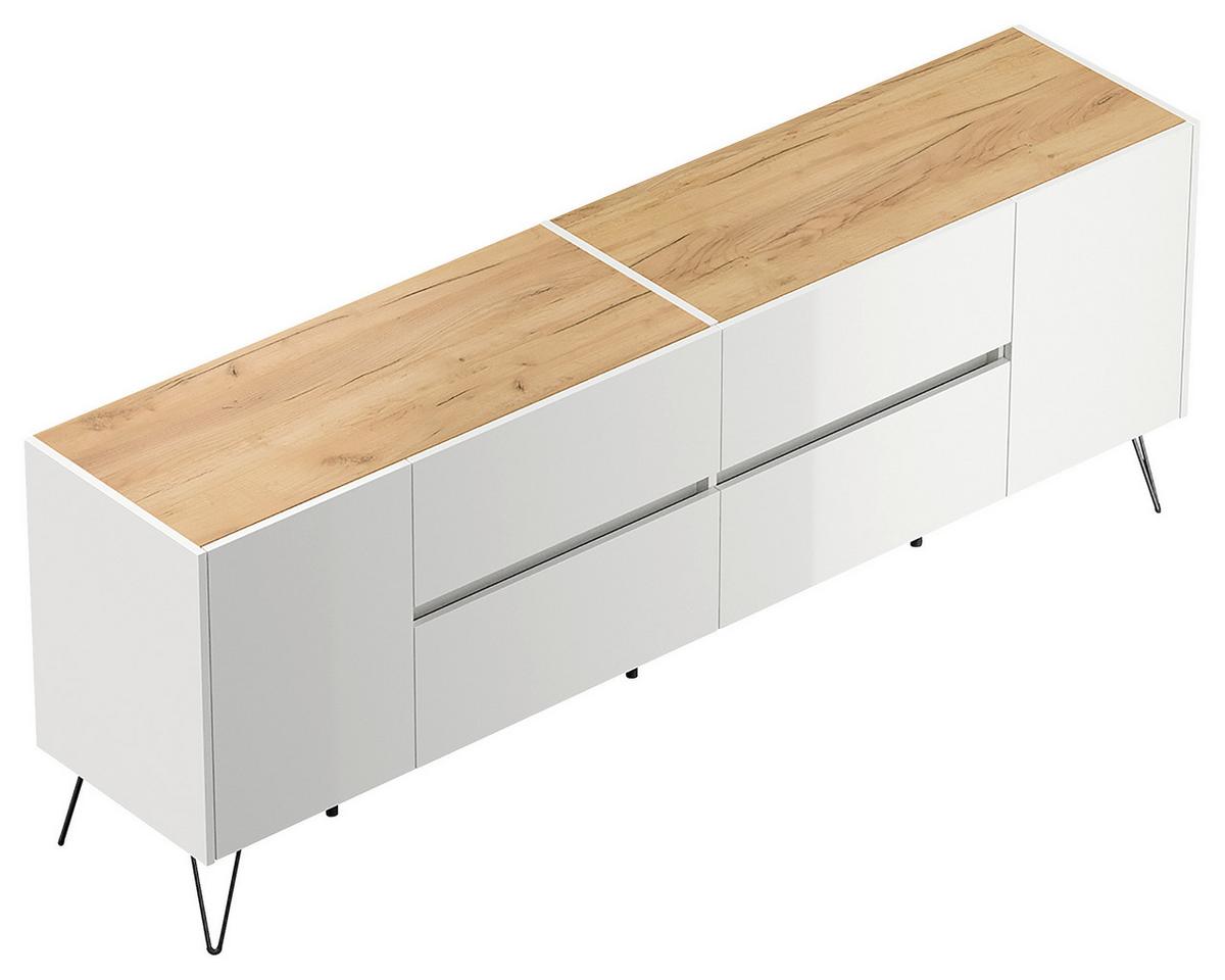 Sideboard Posseik Industrial Eichefarben/Weiß B: 199 cm - Weiß Hochglanz/Eichefarben, Design, Holzwerkstoff (199/75,8/42cm) - MID.YOU
