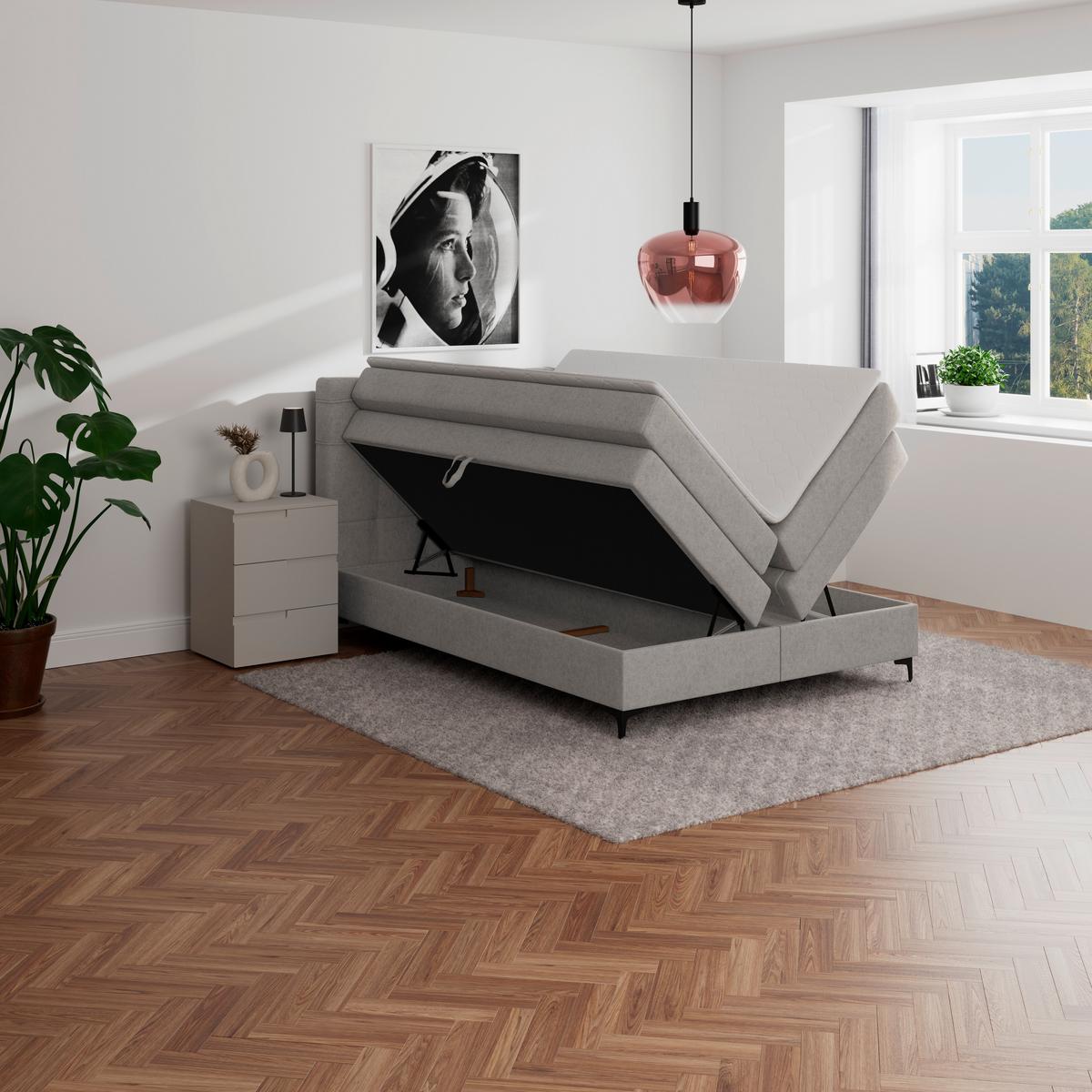 Boxspringbett MITTO Lavagrau 140x200 cm - Lavagrau/Schwarz, KONVENTIONELL, Textil/Metall (140/200cm)