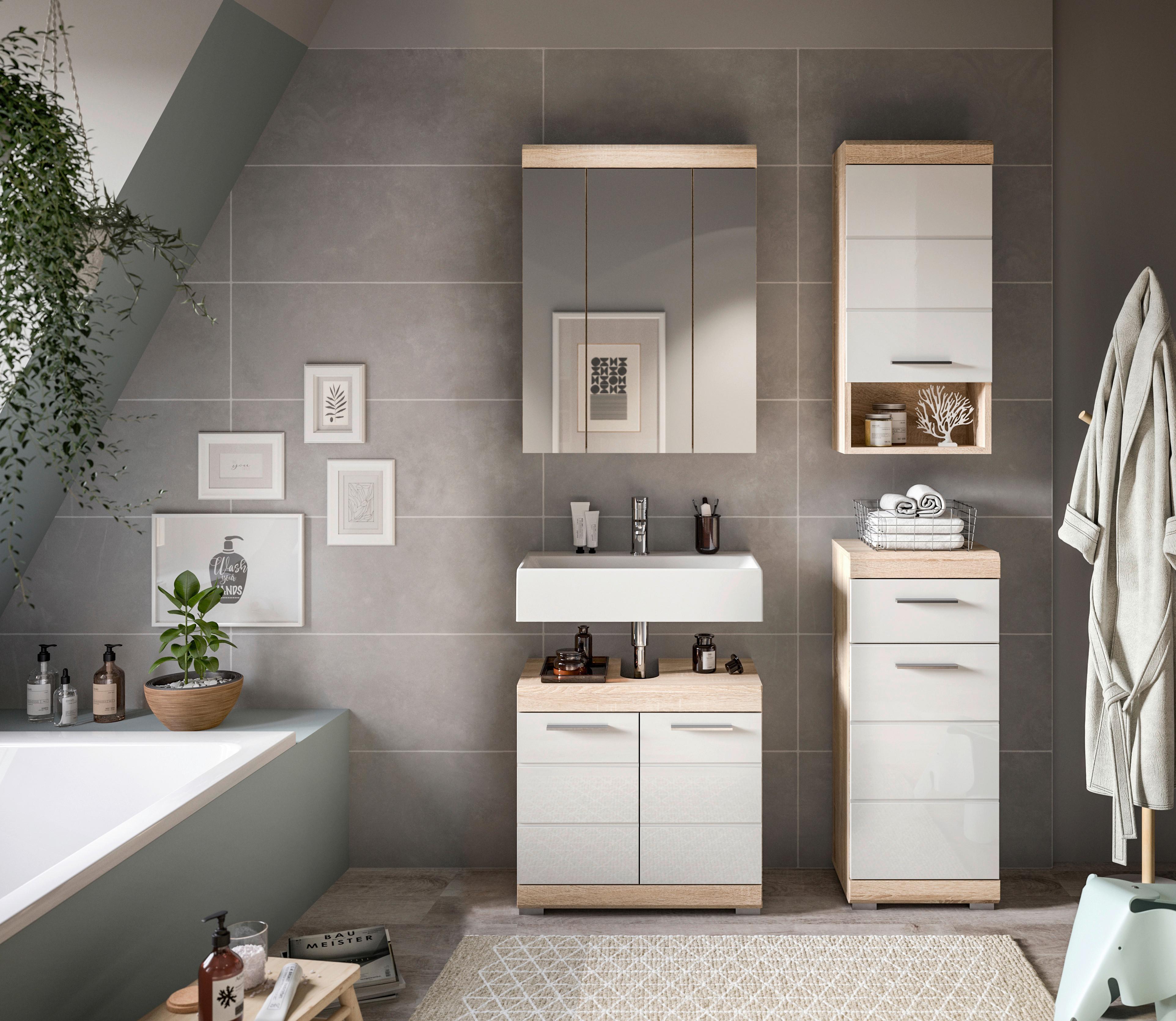 Badezimmer Lambada Eiche Dekor/Weiß B: 97 cm - Weiß Hochglanz/Silberfarben, MODERN, Glas/Holzwerkstoff (97cm) - MID.YOU