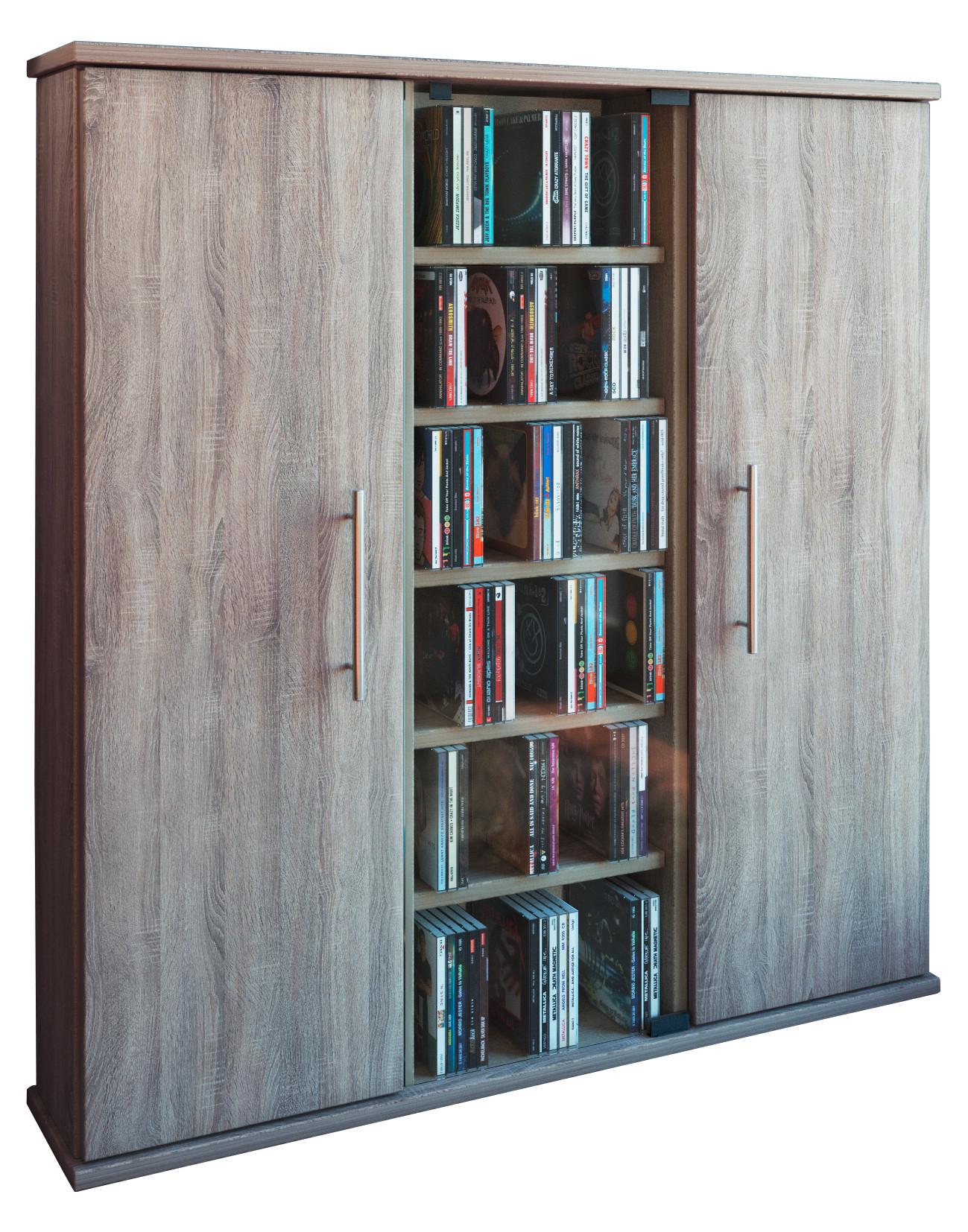 CD Regal mit Türen Santo 86 cm Sonoma Eiche Dekor, Glas